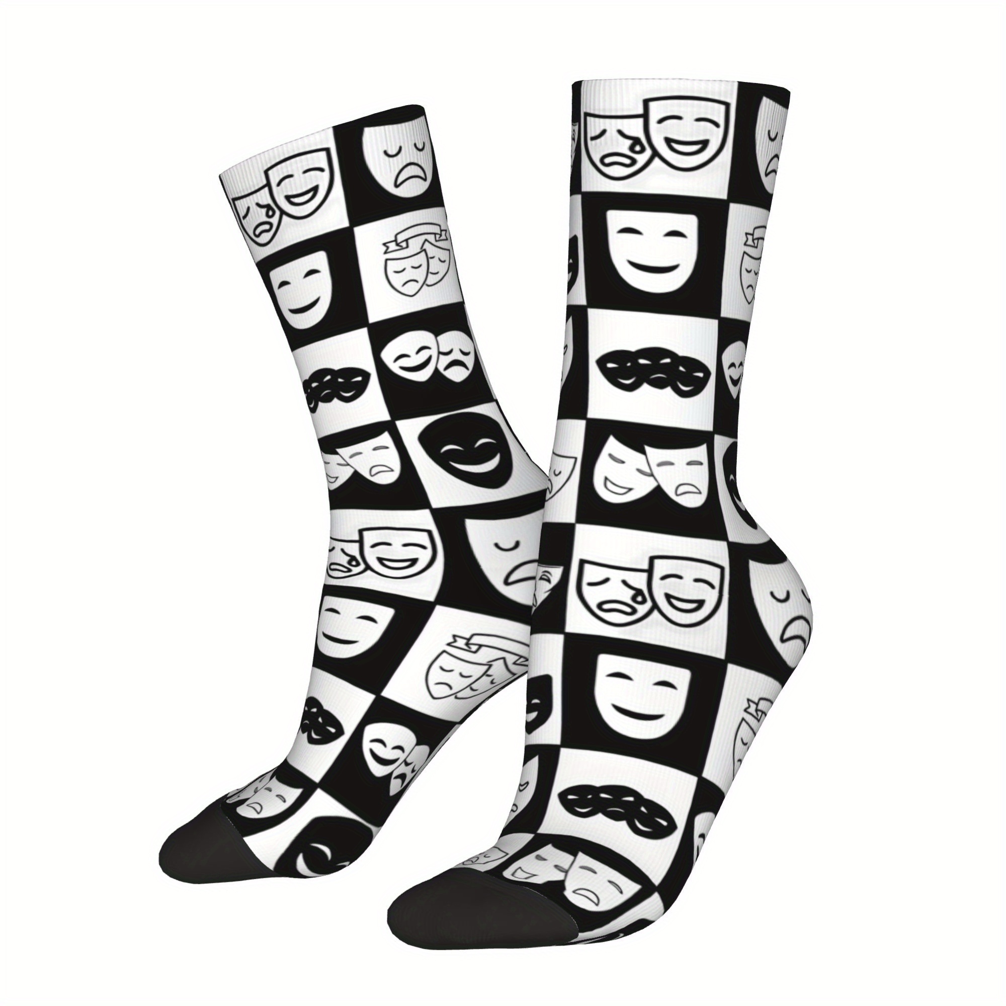 TEMU 2d Print Design 1 Pair Black White Masks Pattern Unisex Novelty Socks Crew Sock For Sports & Daily Wear - Theme