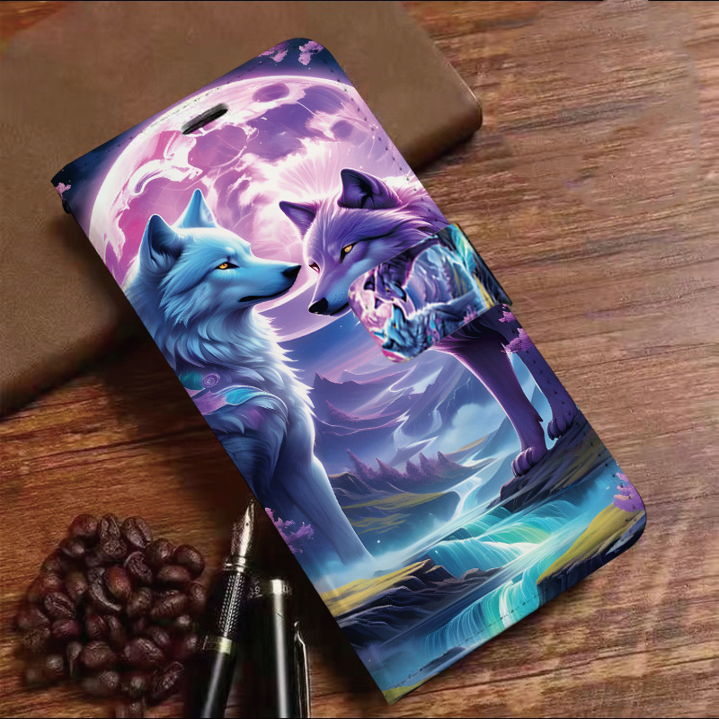 TEMU Phone Case: Wolf Synthetic Leather,flip Wallet Phone Case With Card Slots, Stand Function - Protective Case Suitable For Iphone 16/ 15/ 14/ 13/