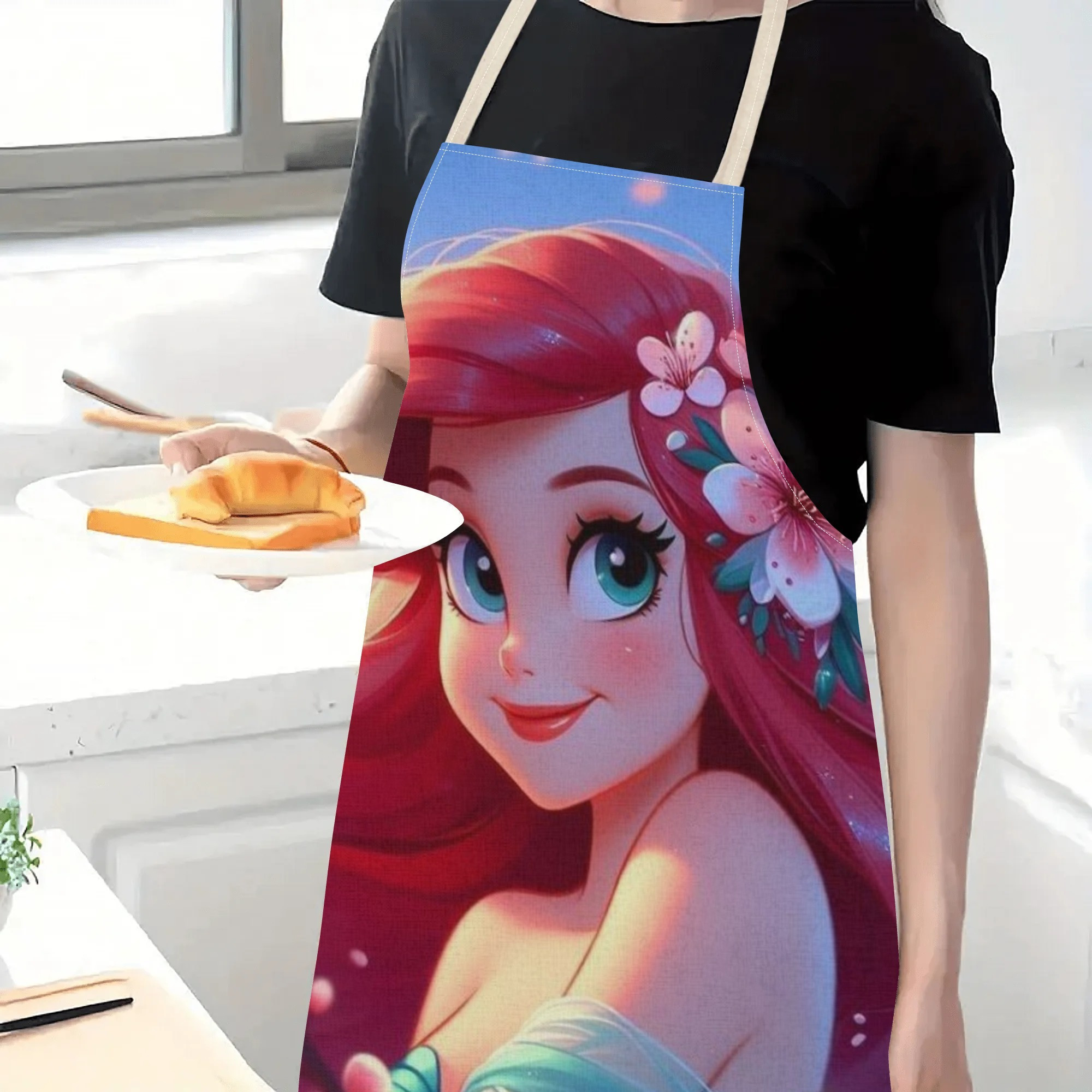 1pc disney   princess cartoon printed apron, waterproof polyester woven fabric with floral pattern, stylish and elegant for home, hotel, supermarket, restaurant,  , milk tea stand use details 4