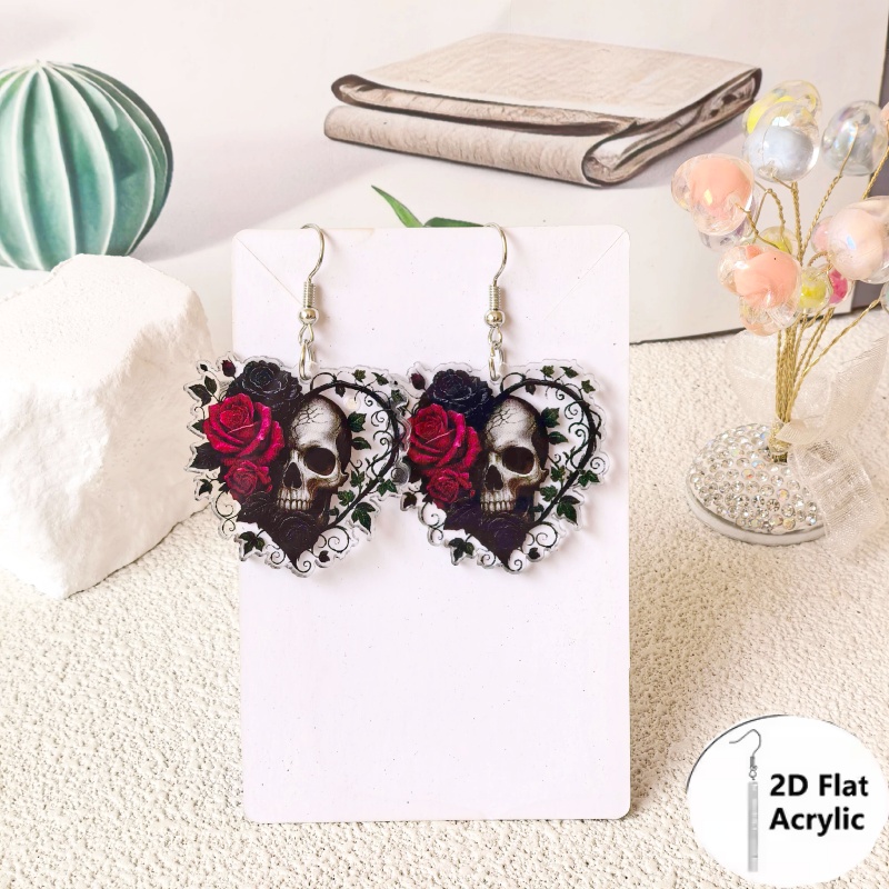 TEMU Heart Skull Rose Acrylic Dangle Earrings, Gothic Red Black Floral Skeleton Drop Earrings, Lightweight Halloween Party Jewelry For Women
