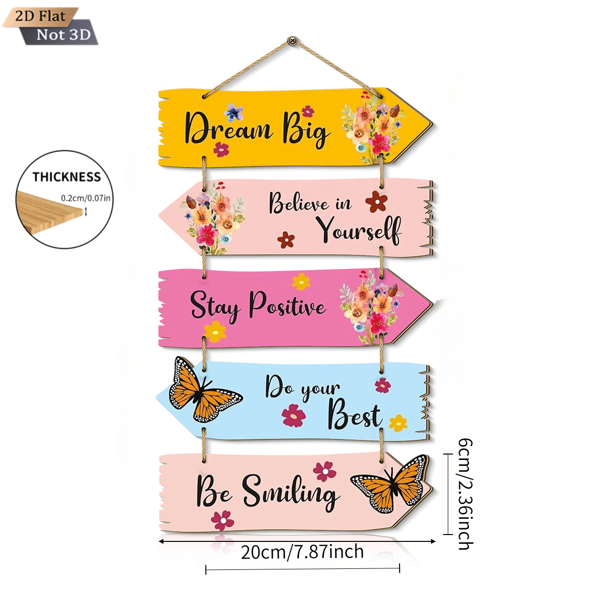 TEMU Décoration murale avec flèches en bois colorées 2D plates, 1 ensemble, décoration suspendue, en anglais en cursif "", motif floral papillon,