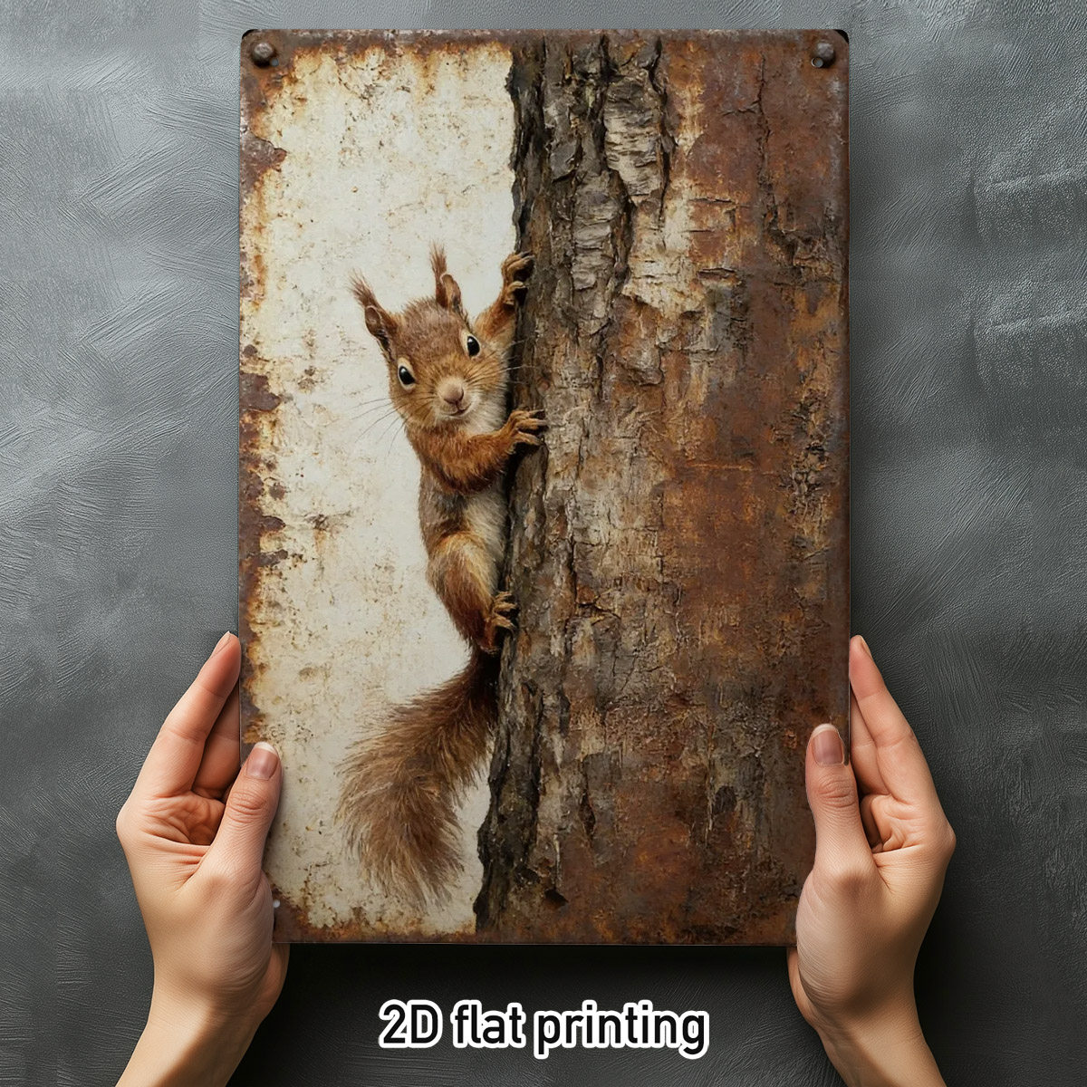 TEMU 2d Flat - 1pc 2d Flat Cute Metal Tin Sign, Squirrel Peeking From Tree, Ideal For Farmhouse Wall, Bedroom Decor, Rustic Cabin Accent, For Home