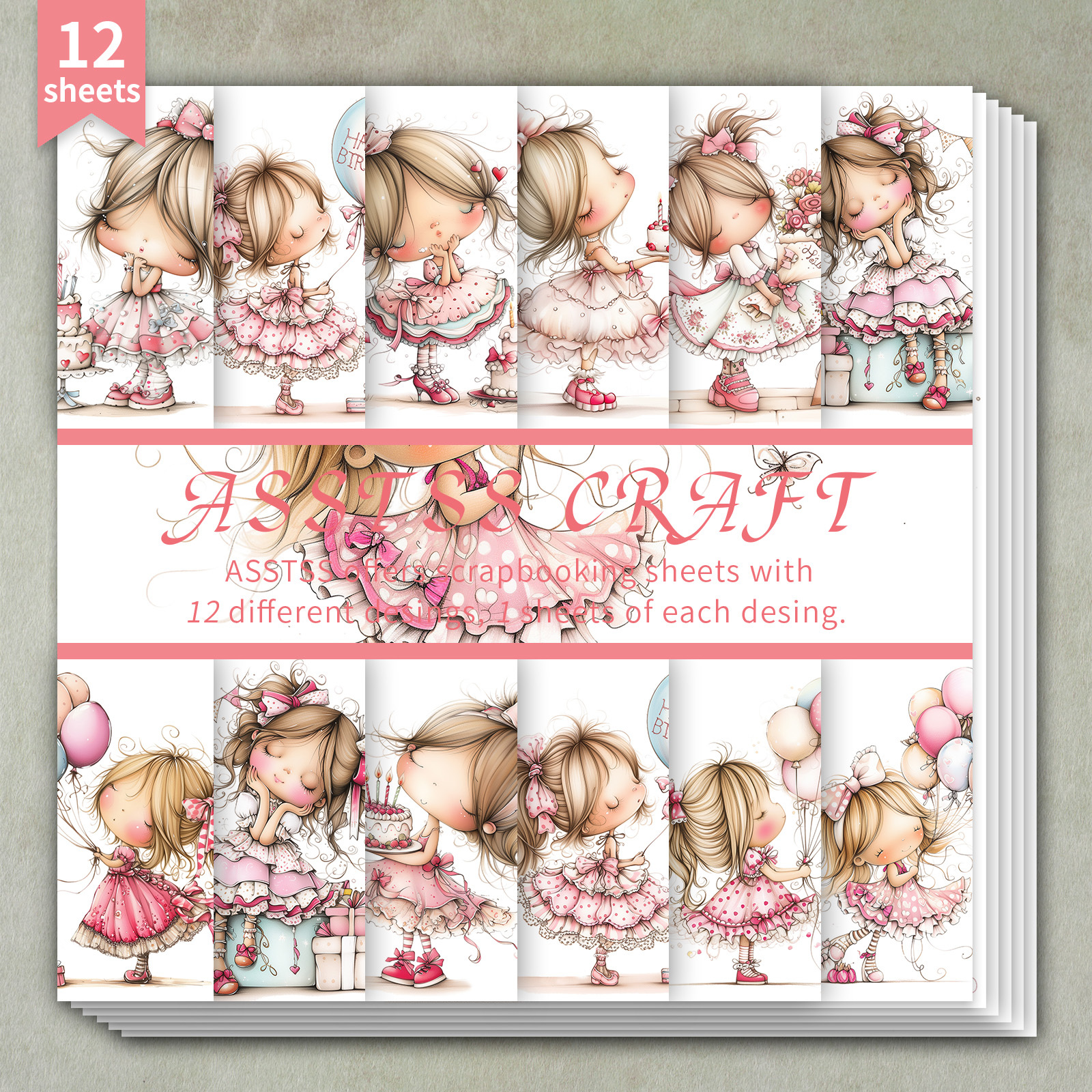 TEMU 12-sheet Asstss Scrapbooking Paper Pad Suitable For Journaling, Collage Art & Crafts - Heavyweight Cardstock With Pink Pastel Suitable For