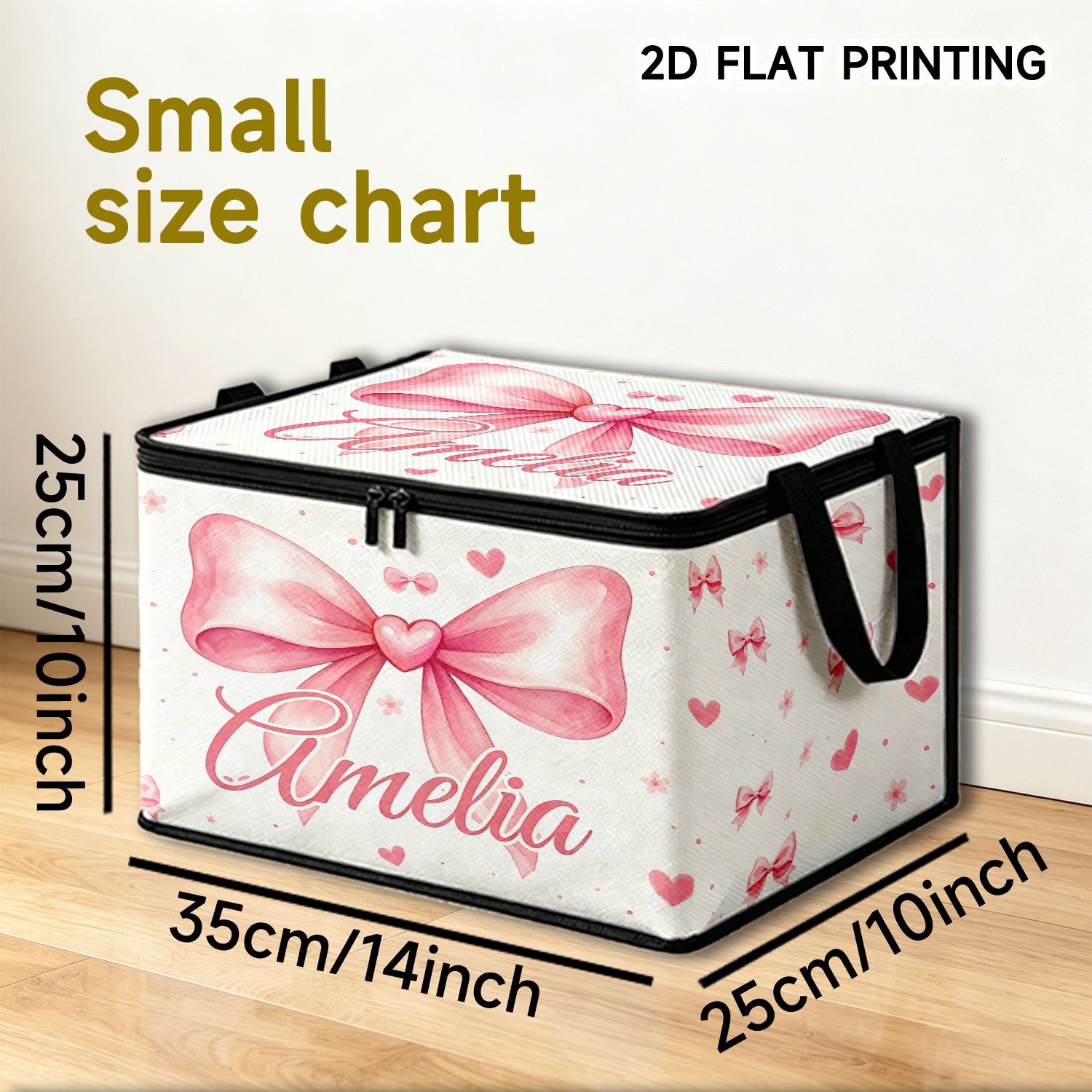 TEMU 1pc Customizable Name/text Pink Bow Heart Storage Box With Labeling - Soft Oxford Fabric Suitable For Under-bed, Wardrobe & Desk, Foldable