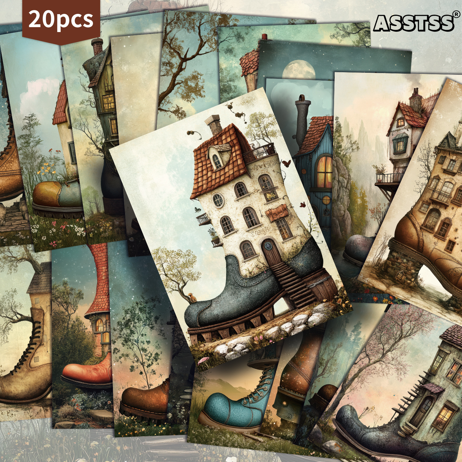 TEMU 20-pack Asstss Vintage Abstract Boot Hut Postcards - 4x6 Inches Retro Junk Journal Supplies Paper, Scrapbooking Supplies, Collectible Decorative