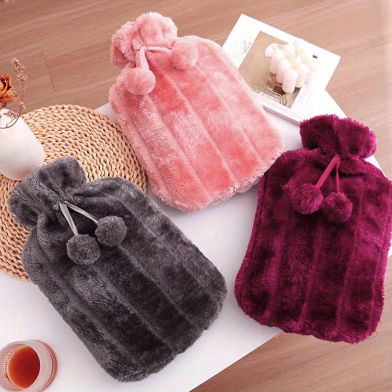 

Cozy 2000ml Large Plush Hot Water Bottle With Pom-pom - Thickened Rubber, Reusable Bed Warmer In Pink, Gray, Or - Stomach Wrap For