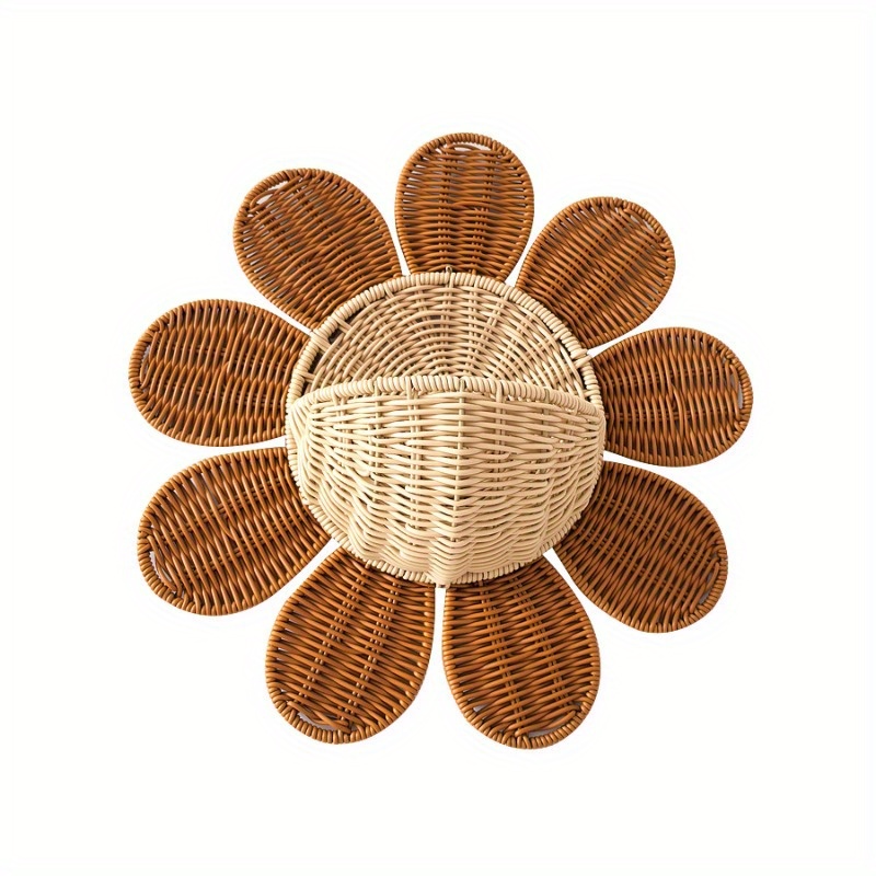 Image of 1pc Scandinavian Daisy Wall Basket - Plastic Woven Storage Suitable For Entryway, Living Room, Kitchen, Bathroom - Decorative Key Holder, & Stationery, Style Basket (no Installation), Shelf Baskets