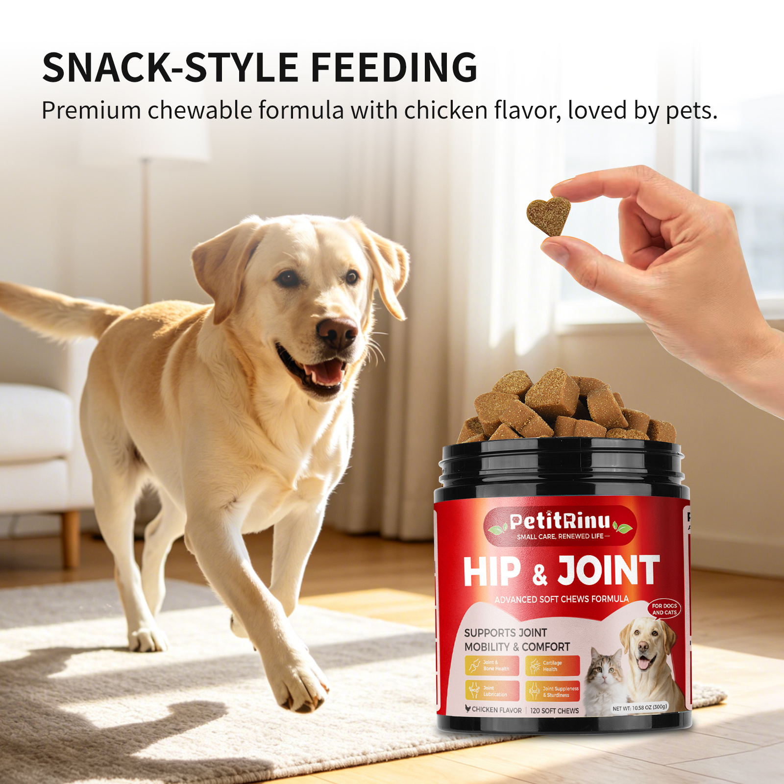 PETITRINU Joint Supplement for Dogs and Cats - Advanced Soft Chews with Glucosamine & Chondroitin - Supports Mobility, Flexibility & Cartilage Health - Chicken Flavor, 120 Count