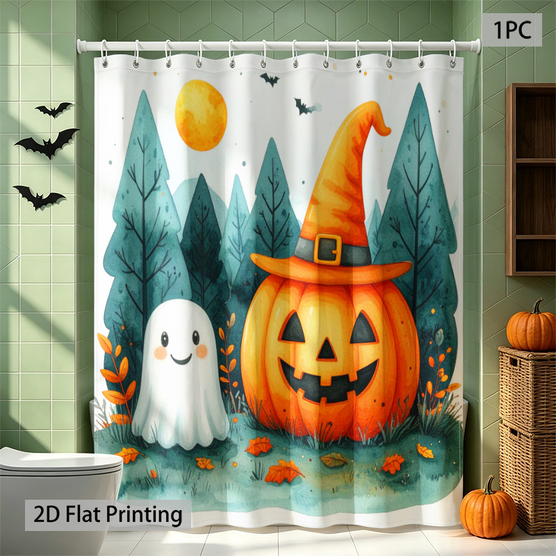   divisoria piatta 2d, 1  ,   con motivo di zucca e   amichevole per halloween, stampa piatta 2d,   12 ganci, non richiede foratura, pieghevole,   da doccia decorativa, per halloween