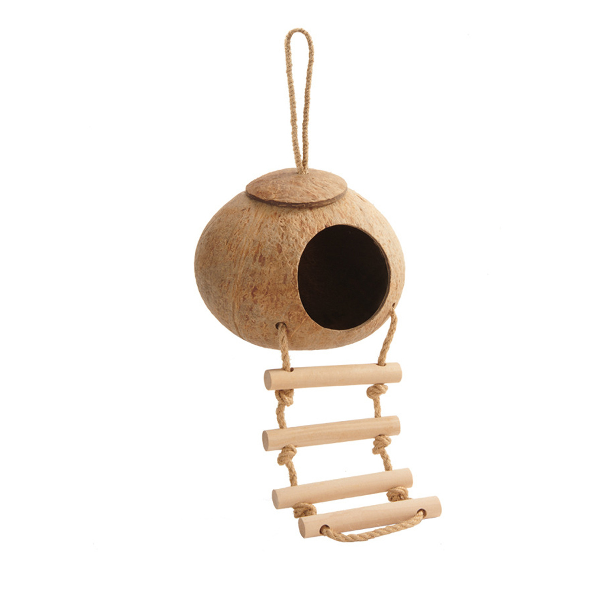 TEMU 1pc Of Natural Coconut Shell Bird House With Habitat - Suspended Parrot Nest Bed And Bird Cage, Wooden , Comfortable Rest And Play, Cage Bird