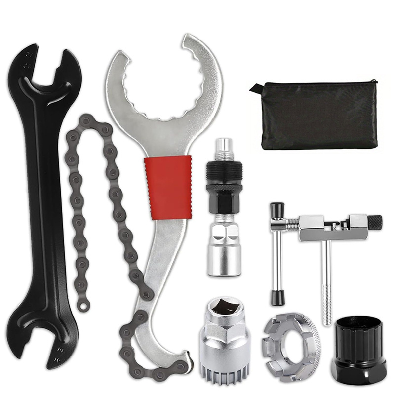 E-shop 8-teiliges Fahrrad Reparatur Werkzeugset, Profi Werkzeug mit 3-in-1 Kassettenschlüssel, , Kurbel Auszieher, Unterrohr Auszieher, Nabenkegel