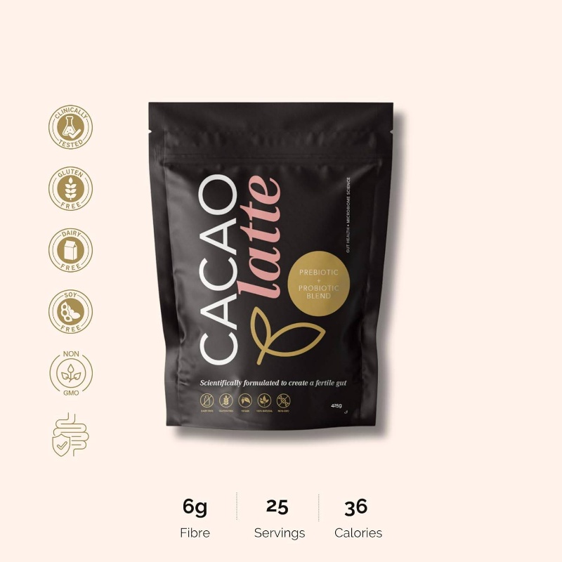 Probiotic & Prebiotic Rich Cacao Latte - Gut Health Drink with Live Cultures, Dairy/Egg-Free Digestive Supplement, Plant-Based probiotics for &, On-the-Go Nutrition (izable Ingredients)