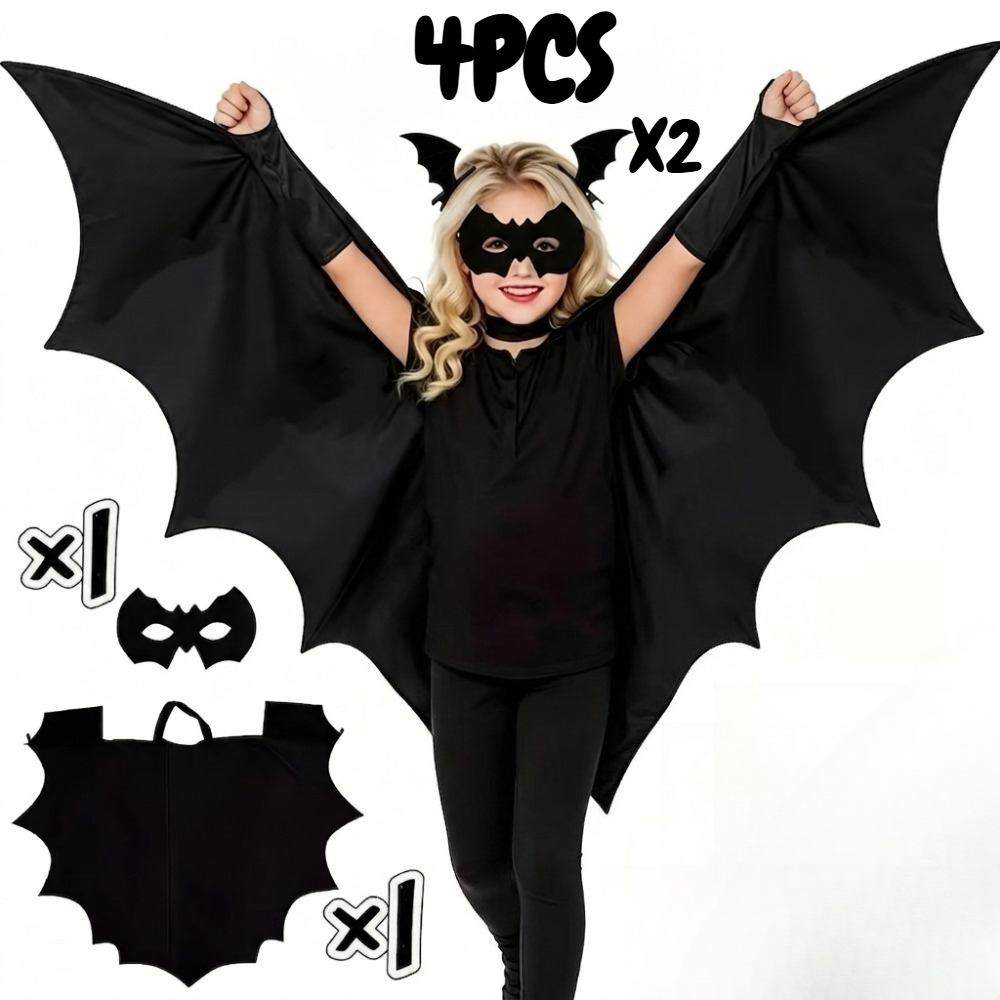 Image of 4pcs Set Bat-wing Cape With Mask- Costume Accessories Suitable For Boys And Girls, Perfect For Halloween Cosplay Parties.