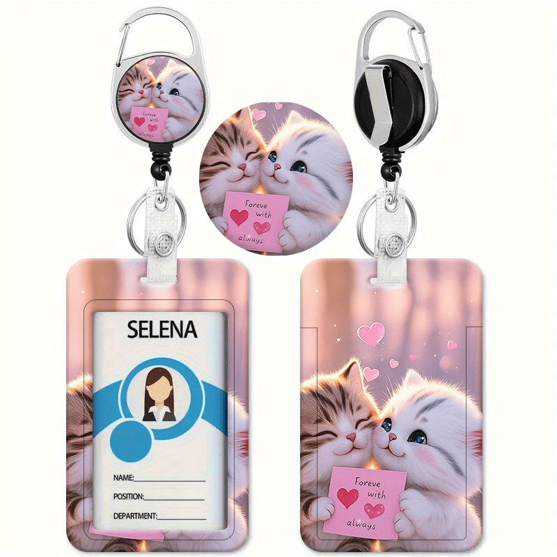 TEMU Cute Cat Kissing Design On A Pink Heart-shaped Printed Card Holder. This Retractable Badge Lanyard Is Suitable For Ids And Credit Cards, Ideal