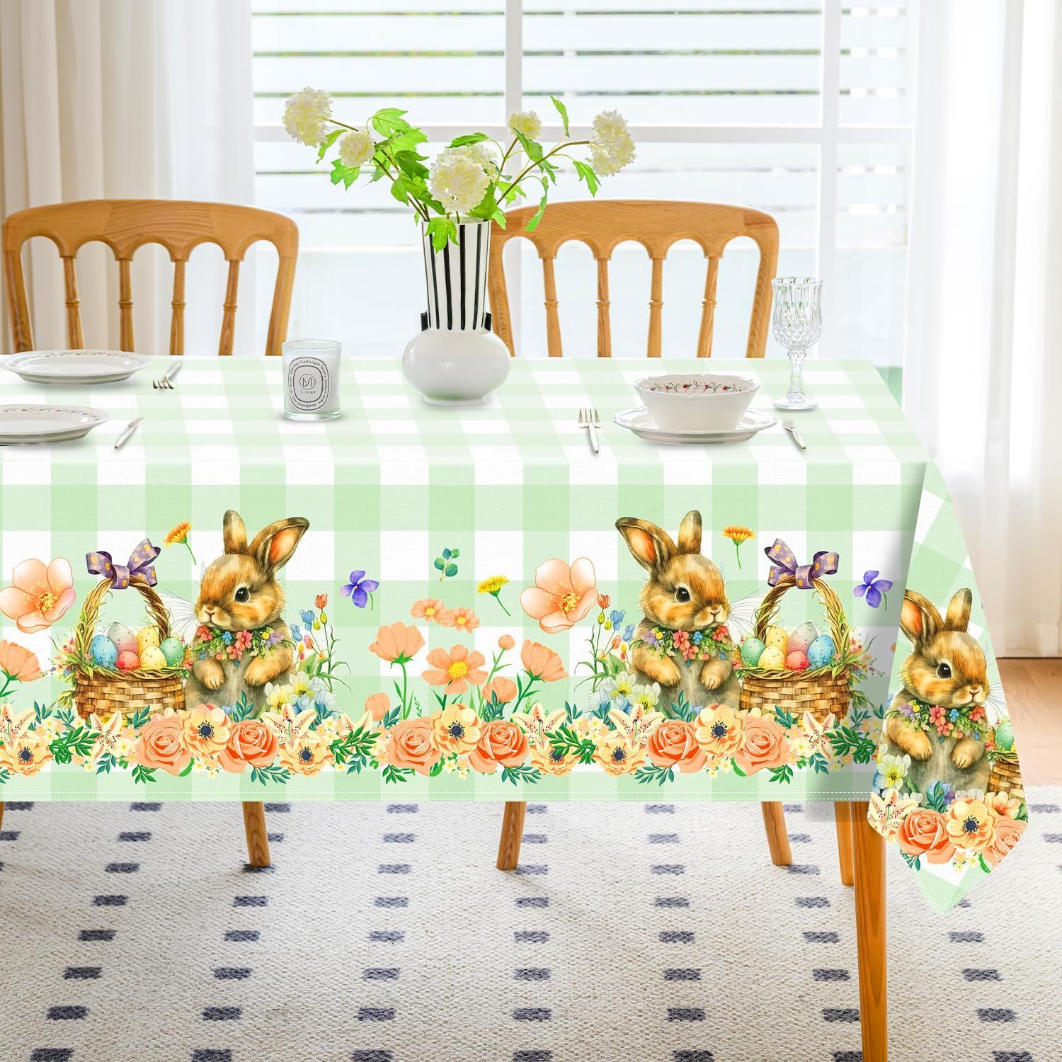 

Rectangular Tablecloth For Spring And Easter Featuring A Floral Rabbit And Egg Design , Dinner Parties, , And Indoor And Outdoor Events.