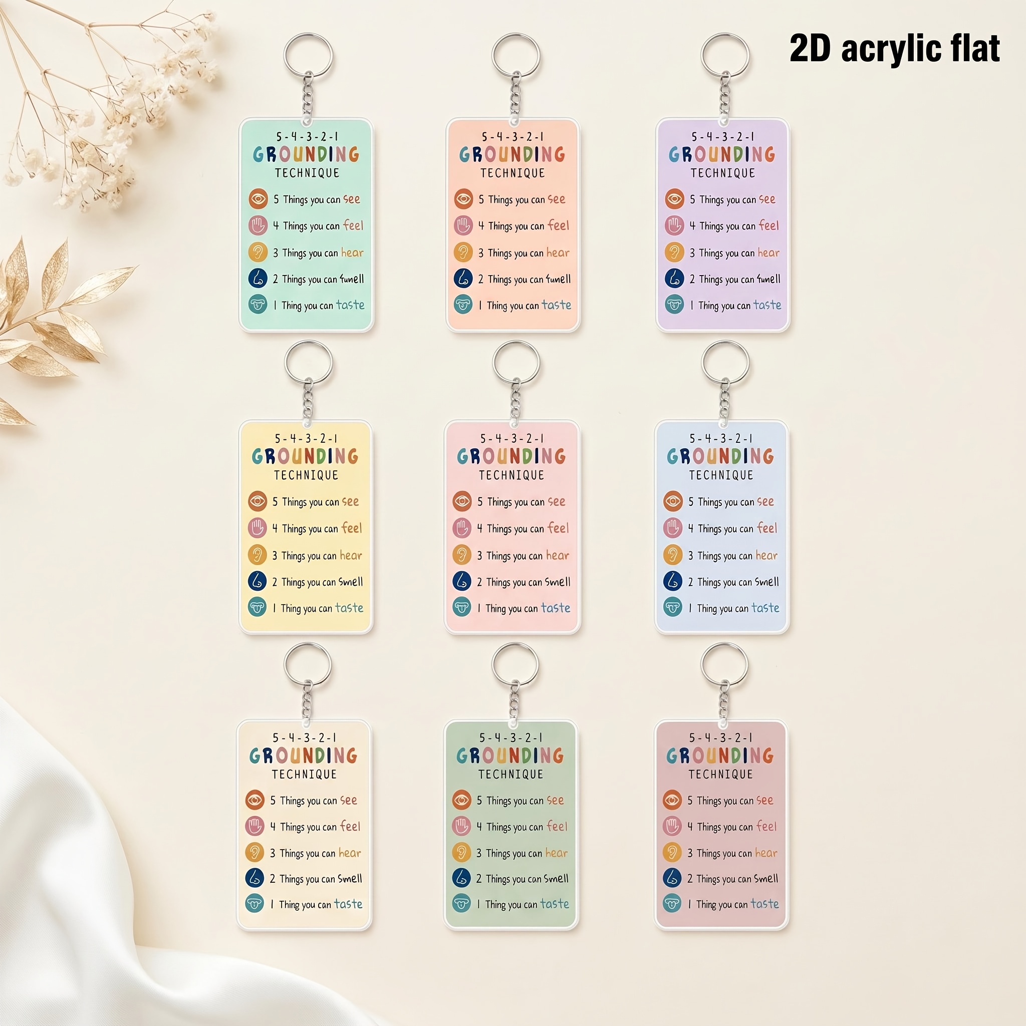 TEMU 2d Flat, [2d Flat] 9pcs Mental Health Mindfulness Meditation 5-4-3-2-1 Grounding Techniques Acrylic Keychain Relax Pendant, 2d Flat