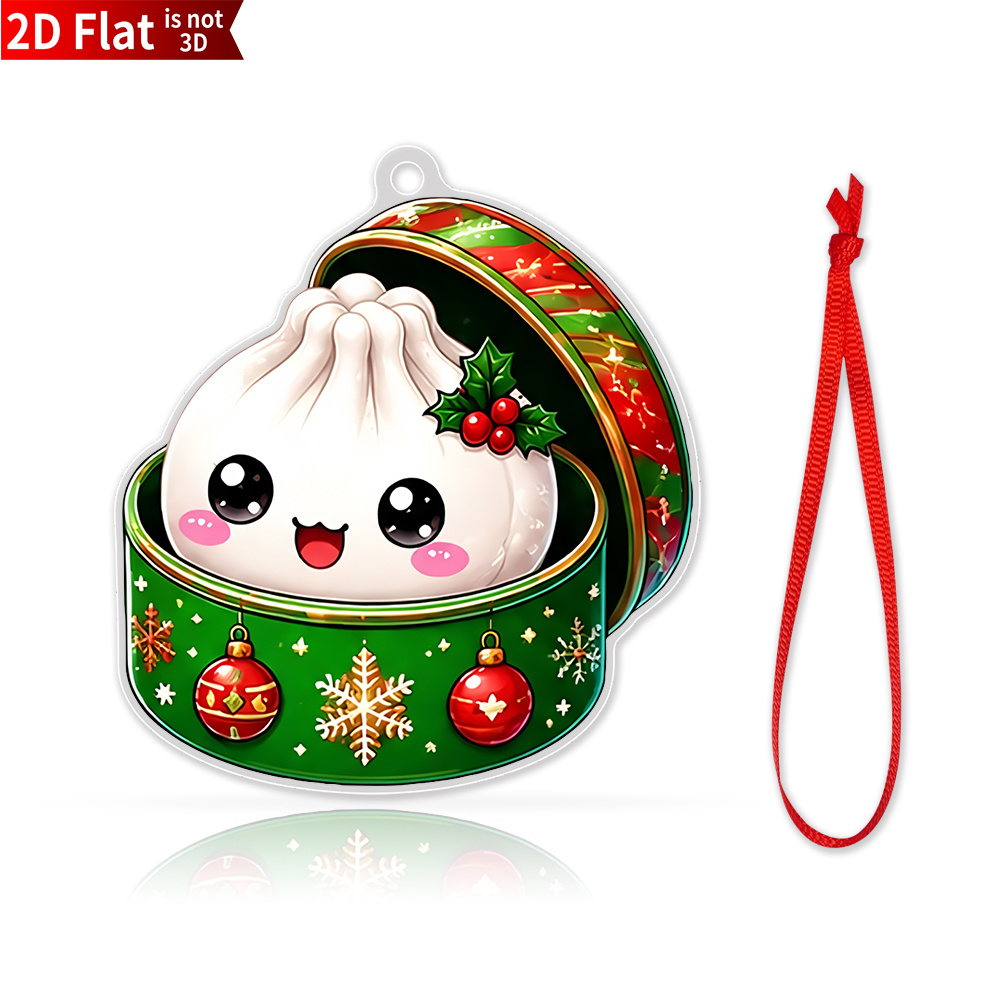 TEMU 2d Flat, 1pc A Cute, Cartoon-style Bun Christmas Ornament-a 2d Flat Acrylic Piece Featuring A Red Hanging Cord-suitable For Decorating Christmas