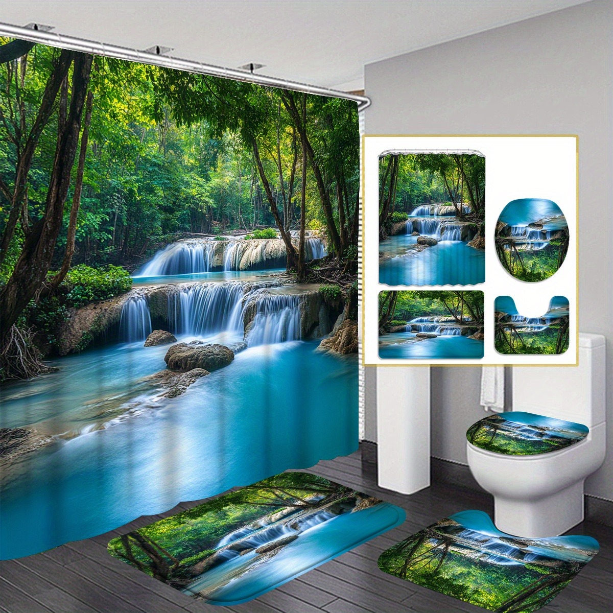 TEMU 4pcs Forest Waterfall Shower Curtain Set, Nonslip Bathroom Rug And Ushaped Toilet Mat, Machine Washable, Decor, With 12 Hooks, Suitable For Christmas And Halloween, Bathroom Decor And Accessories