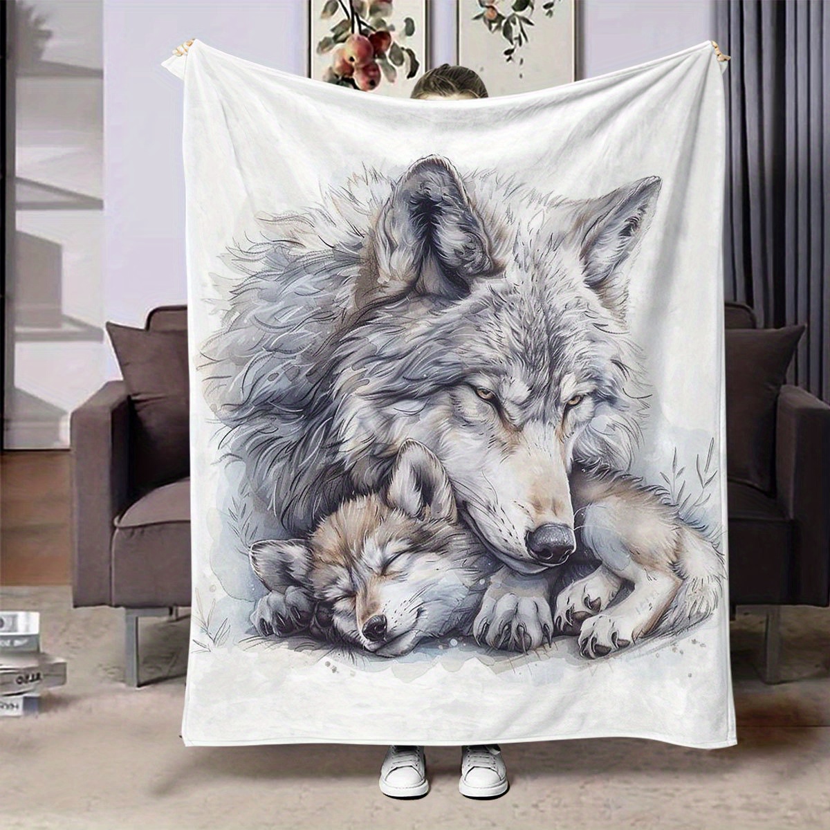 

Wolf And Cub Flannel Fleece Blanket - 1pc, , Hypoallergenic, , For Bedroom , Washable,