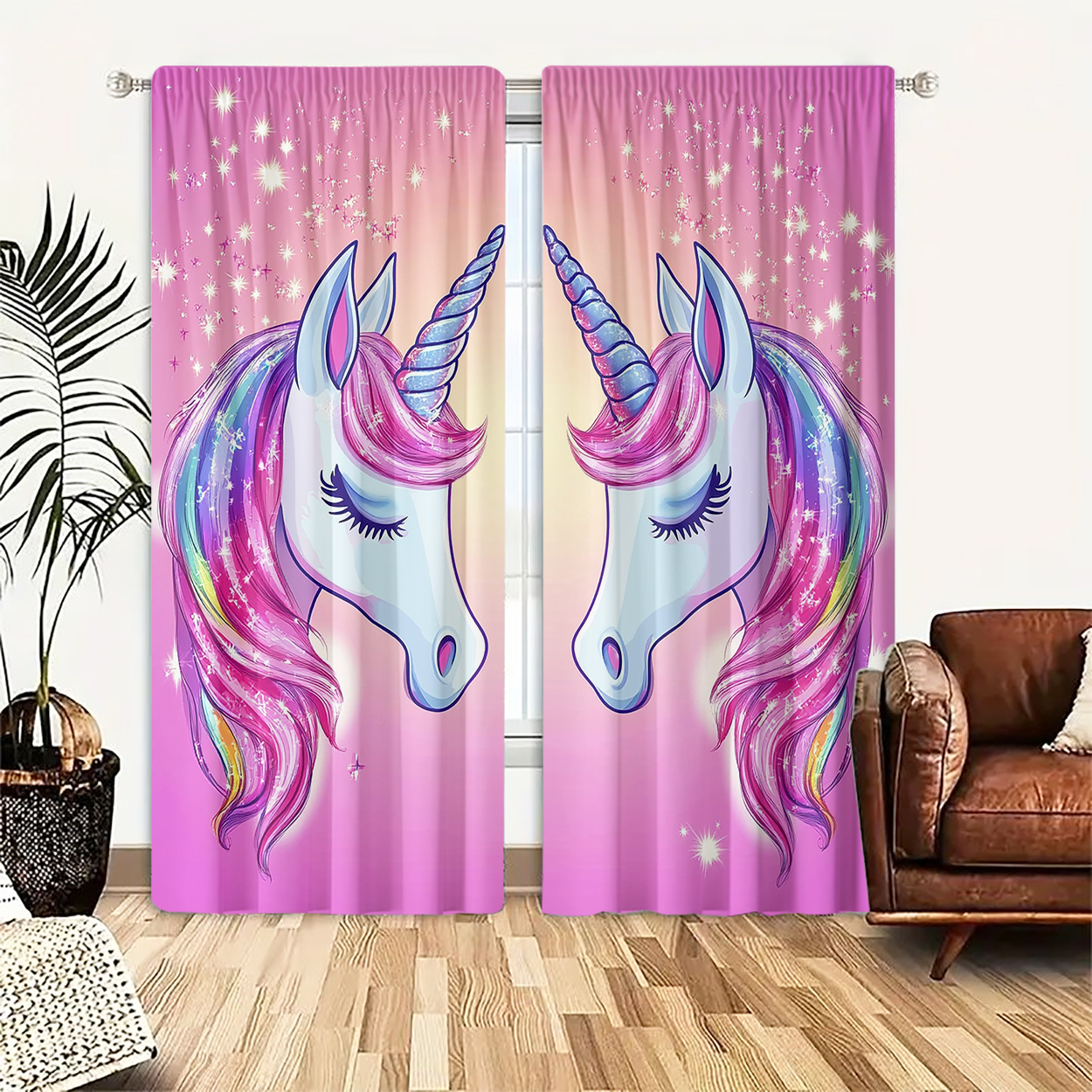 

2pcs, Polyester Material, Hd Unicorn Pattern, Light Filtering Curtain, Suitable For Bedroom, Living Room, Office And Home Decoration, Pole , Suitable For Pole Installation