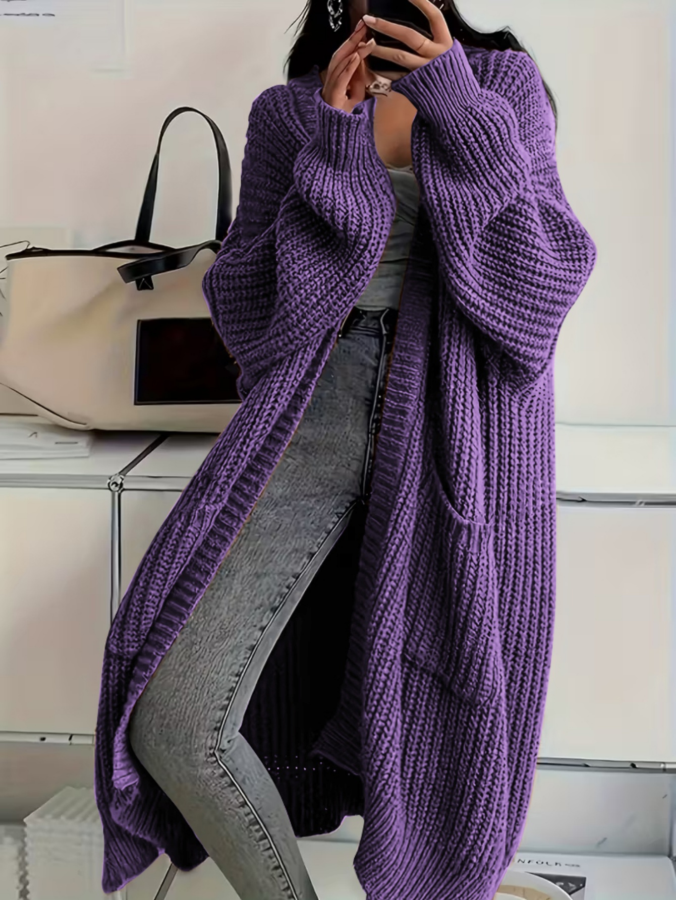 plus size solid   size womens long pocket cardigan loose over the knee sweater coat fashion versatile outerwear