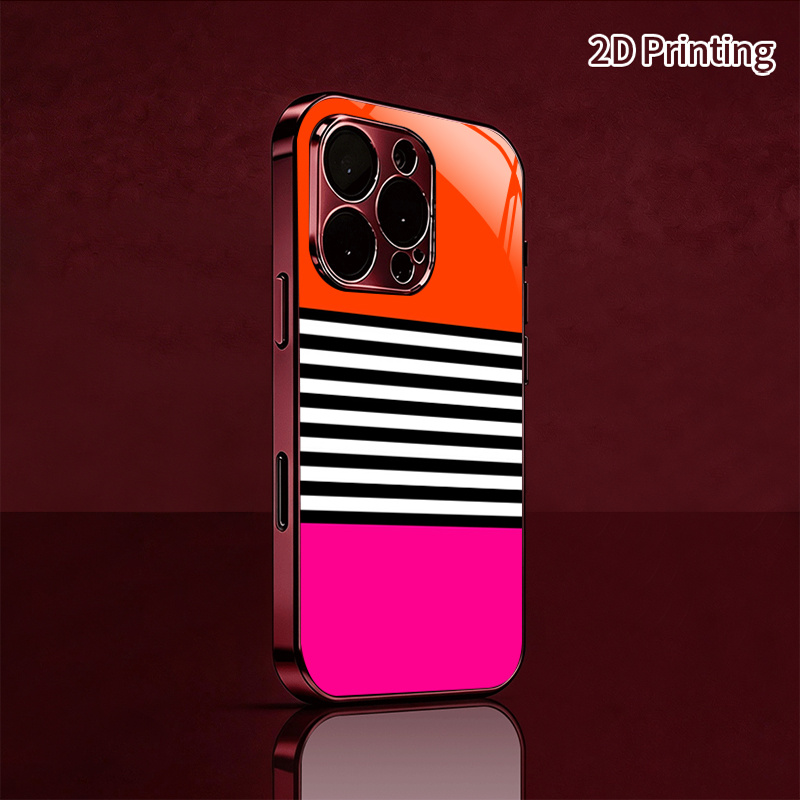 TEMU Phone Case - [2d Flat] Orange Black Pink Striped Pattern Stylish Electroplated Glass Phone Case, Gentle Burgundy Color, Compatible With For
