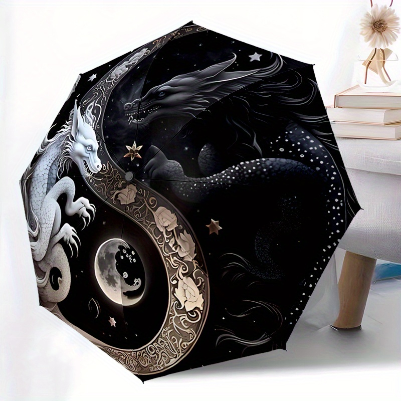 Yin Yang Dragon Design Fashionable Automatic Opening/Closing Folding Umbrella with 8 Iron Bones, Plastic Handle, Windproof Portable Sunshade Umbrella Halloween and Christmas gifts A164