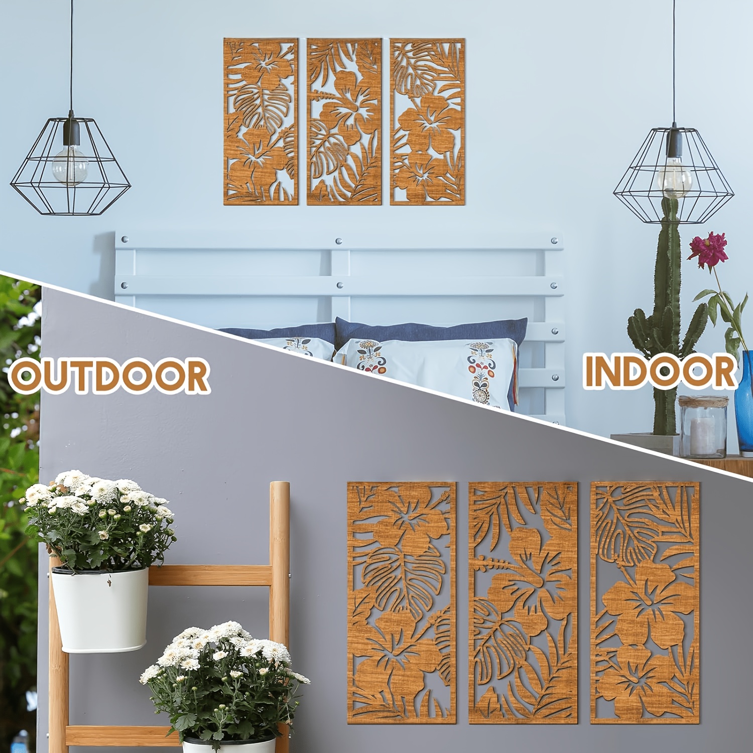 TEMU 3pcs Set Tropical Wall Decor Wooden Palm Leaf Wall Art Monster Sculpture Wooden Hibiscus Flower Hanging Decoration Retro Botanical Plaque,