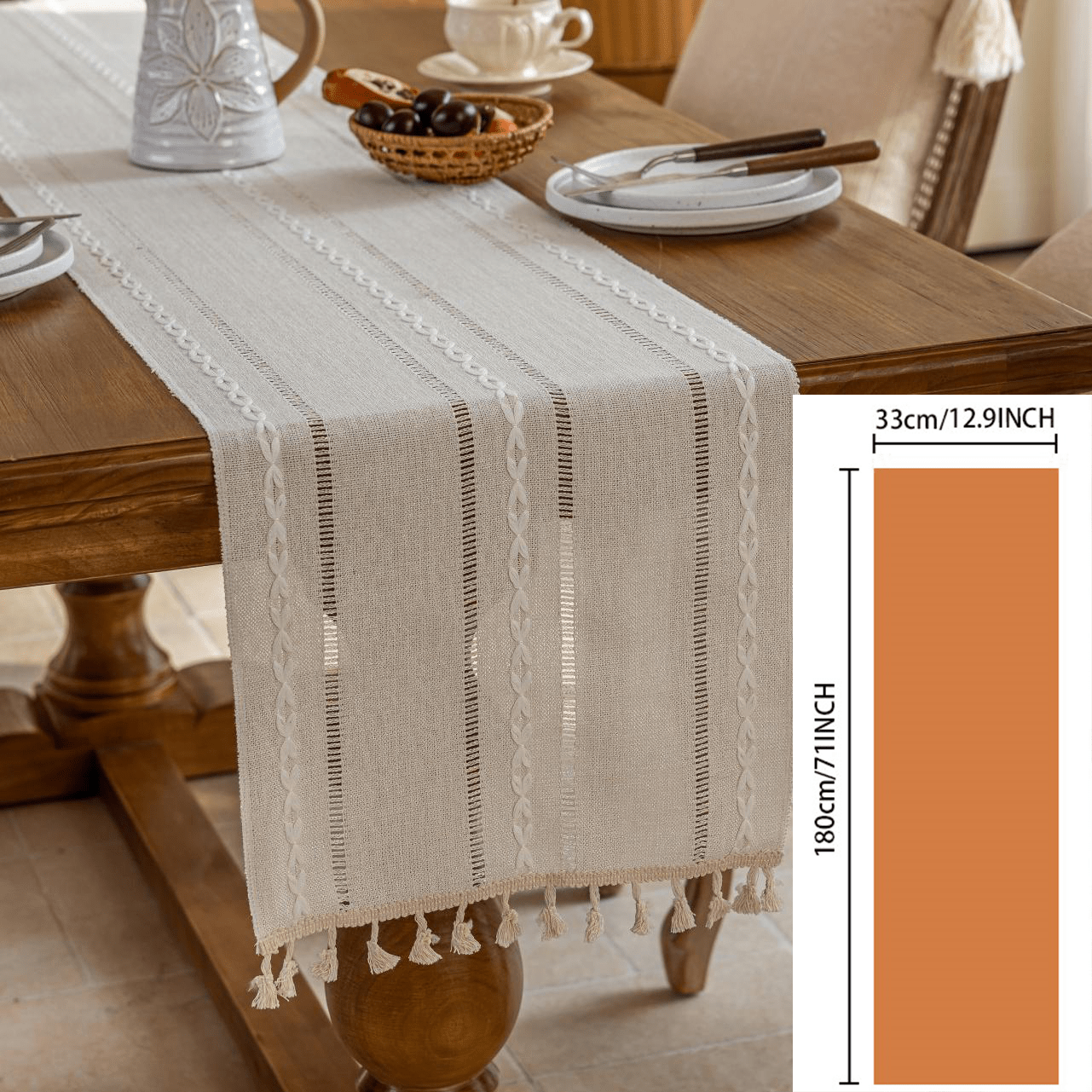 TEMU 1pc Nordic Minimalist Solid Color Table Runner With Beige Tassels, Rectangular Coffee Table, Long Cabinet, Dining Table Surface Decorative Small