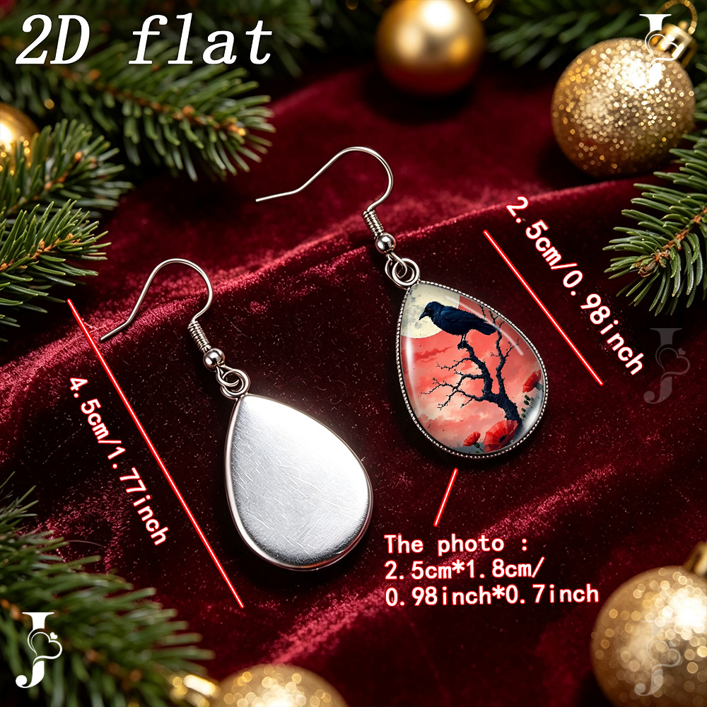 Teardrop Dangle Earrings with Crow Dead Tree Red Poppy Pattern