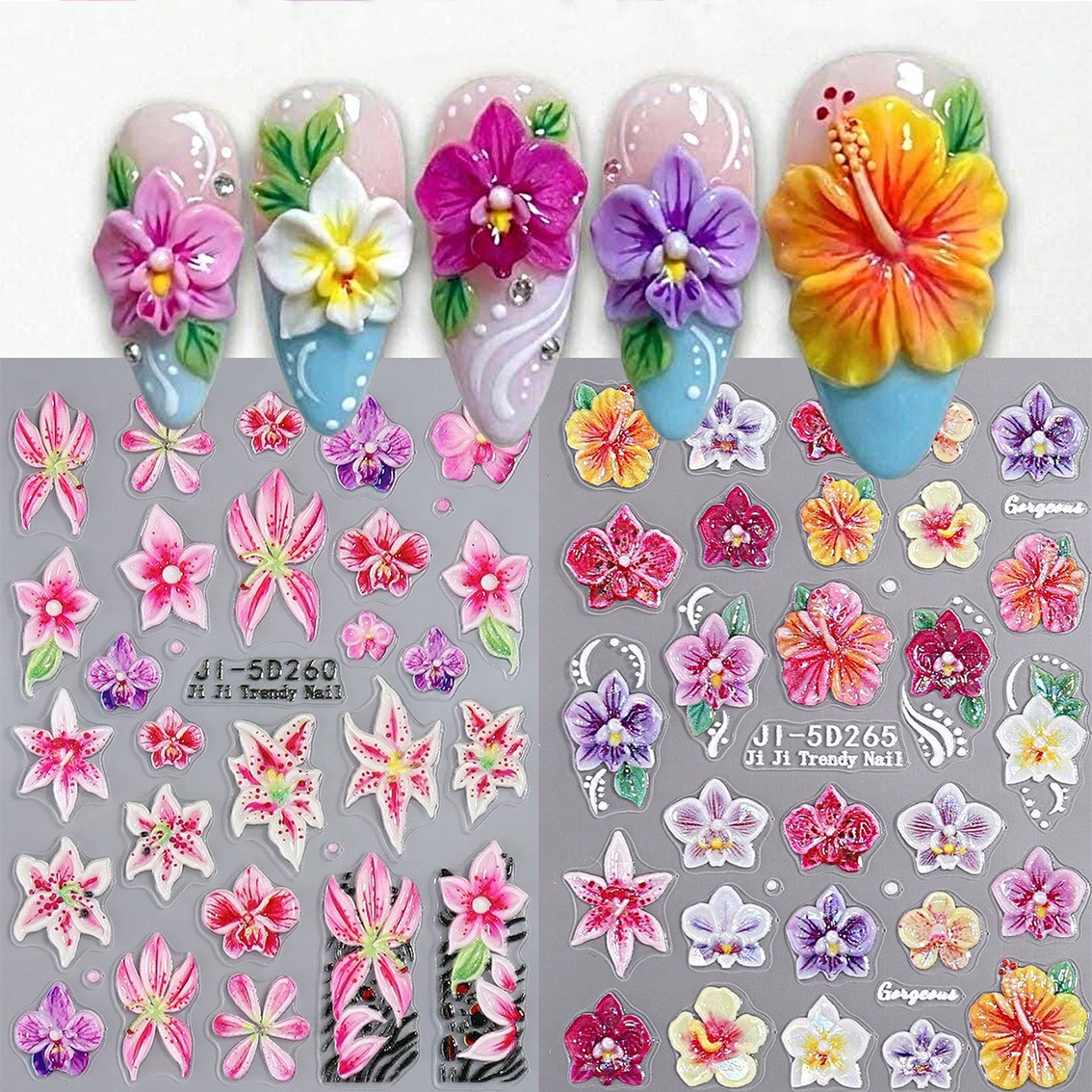 TEMU 2pcs 5d Orchid Nail Stickers - Colorful Floral Orchid Petal Embossed Pattern - Self-adhesive Nail Stickers - Diy Spring/summer Nail Decoration,