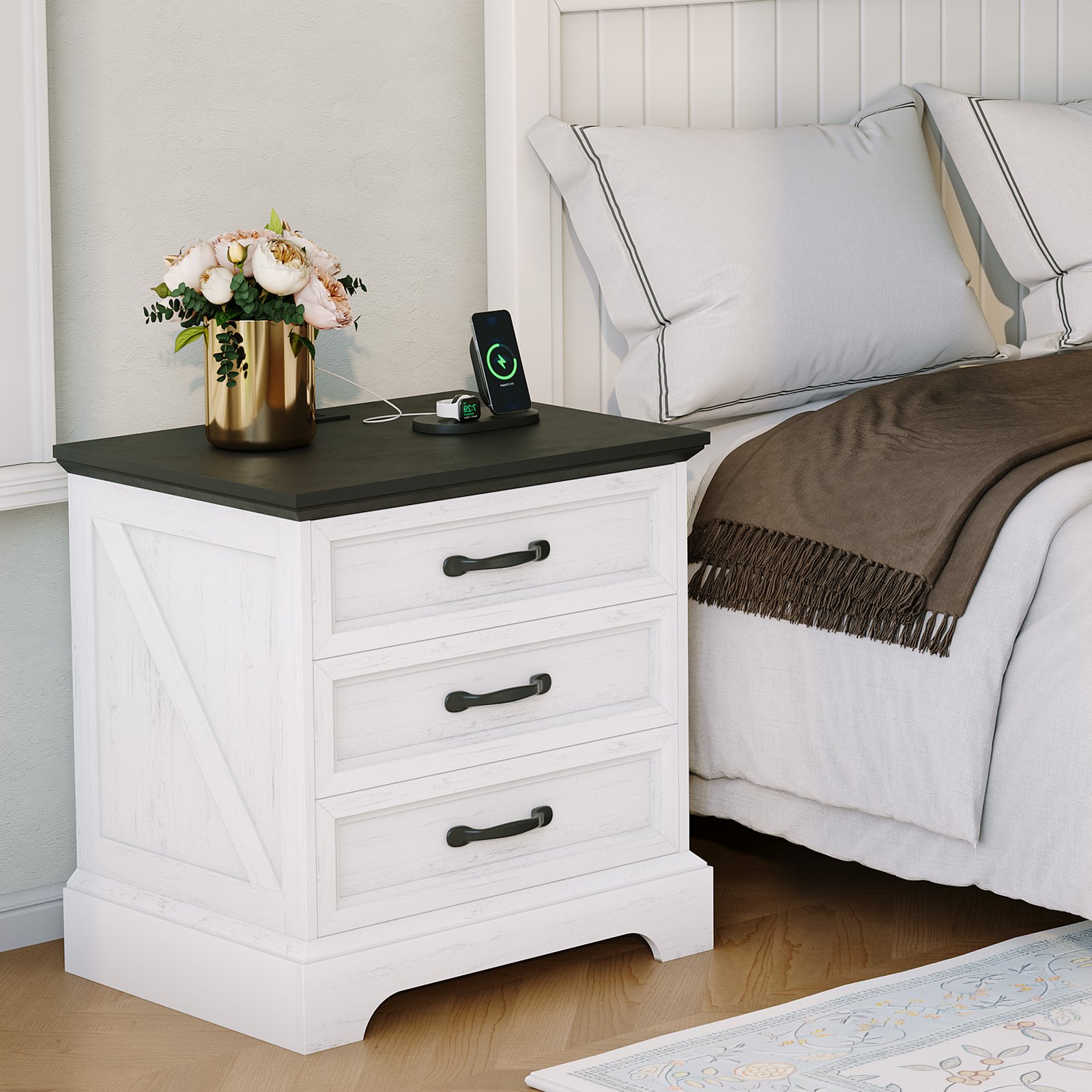 Large 24-inch Modern Farmhouse Nightstand with 3 Drawers - Rustic Bedside Table Suitable for Bedroom & Living Room, Space-Saving End Table with Ample Storage,, Assembly, Multicolor for Small Spaces (Assembly)