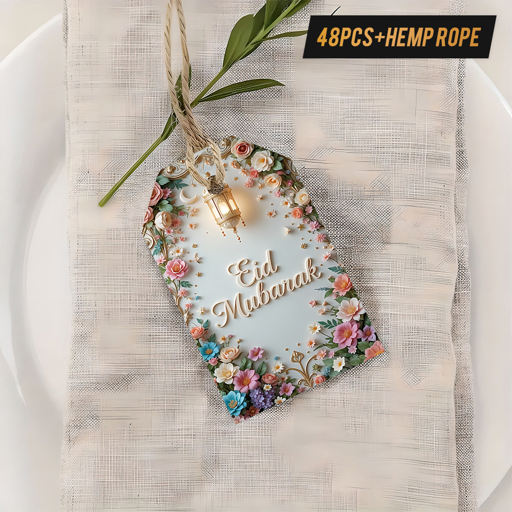 TEMU 48 stuks Labels met Hennep Touw, Islamitische Wenskaart met Bloemen en Geschikt als Cadeau voor Familie en Vrienden