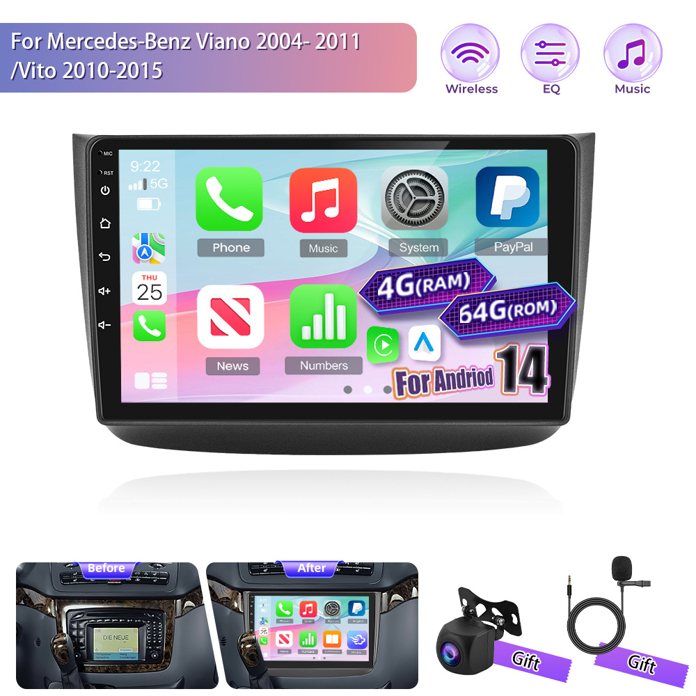 Image of [4+64g] Car Radio For Mercedes-benz Viano 2004- 2011/ 2010-2015, 2din 10 Inch 14 Screen With Wireless Car Touch Screen/bluetooth 5.0/swc/fm/rds/wifi + Reversing Camera + Mic+ Car Frame +as A Gift
