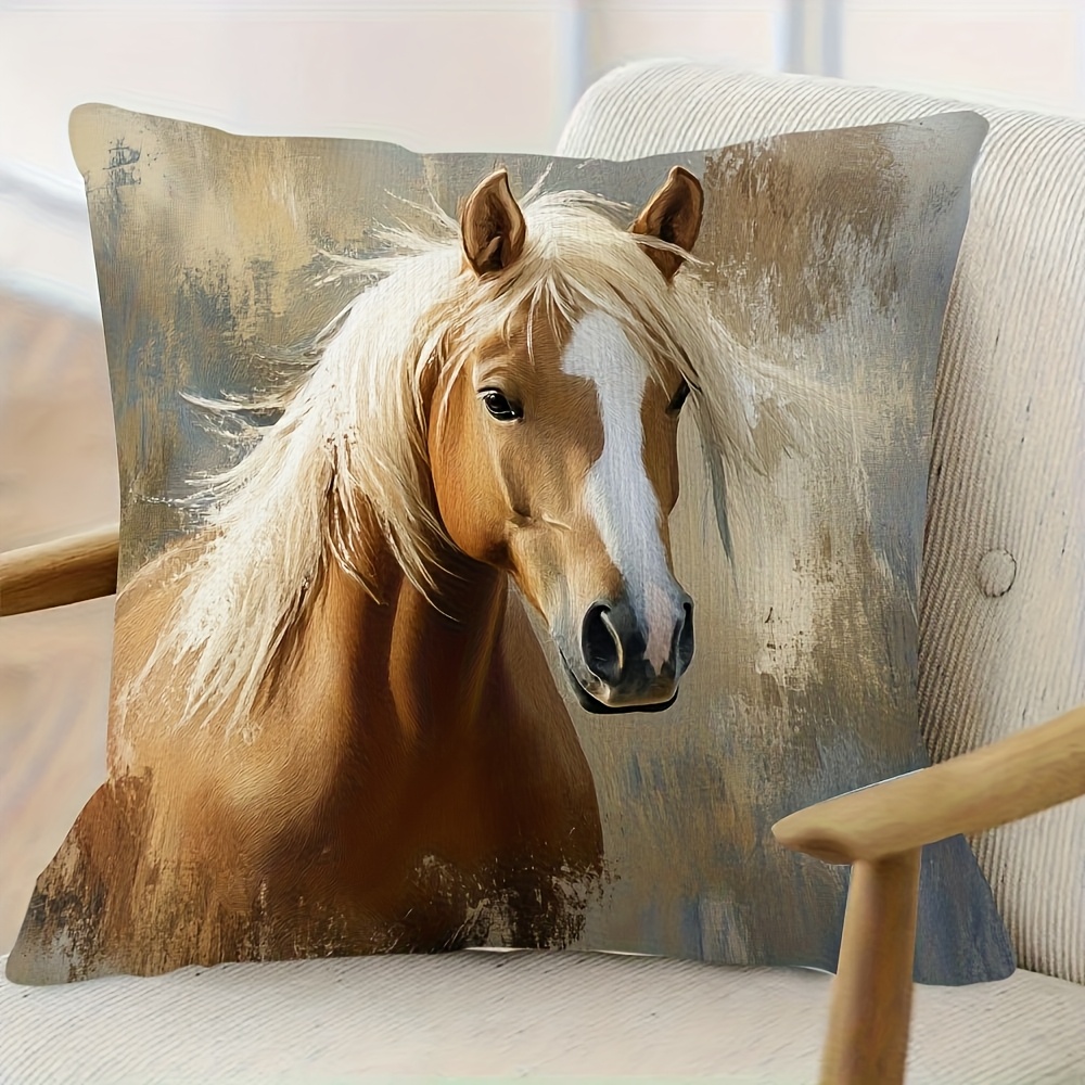 TEMU 1 stuk Vintage Paardenportret Kussensloop, Zacht en Comfortabel Kort Pluche Stof, Enkelzijdige Print, Kussen Niet Inbegrepen, 17.7x17.7 Inch,