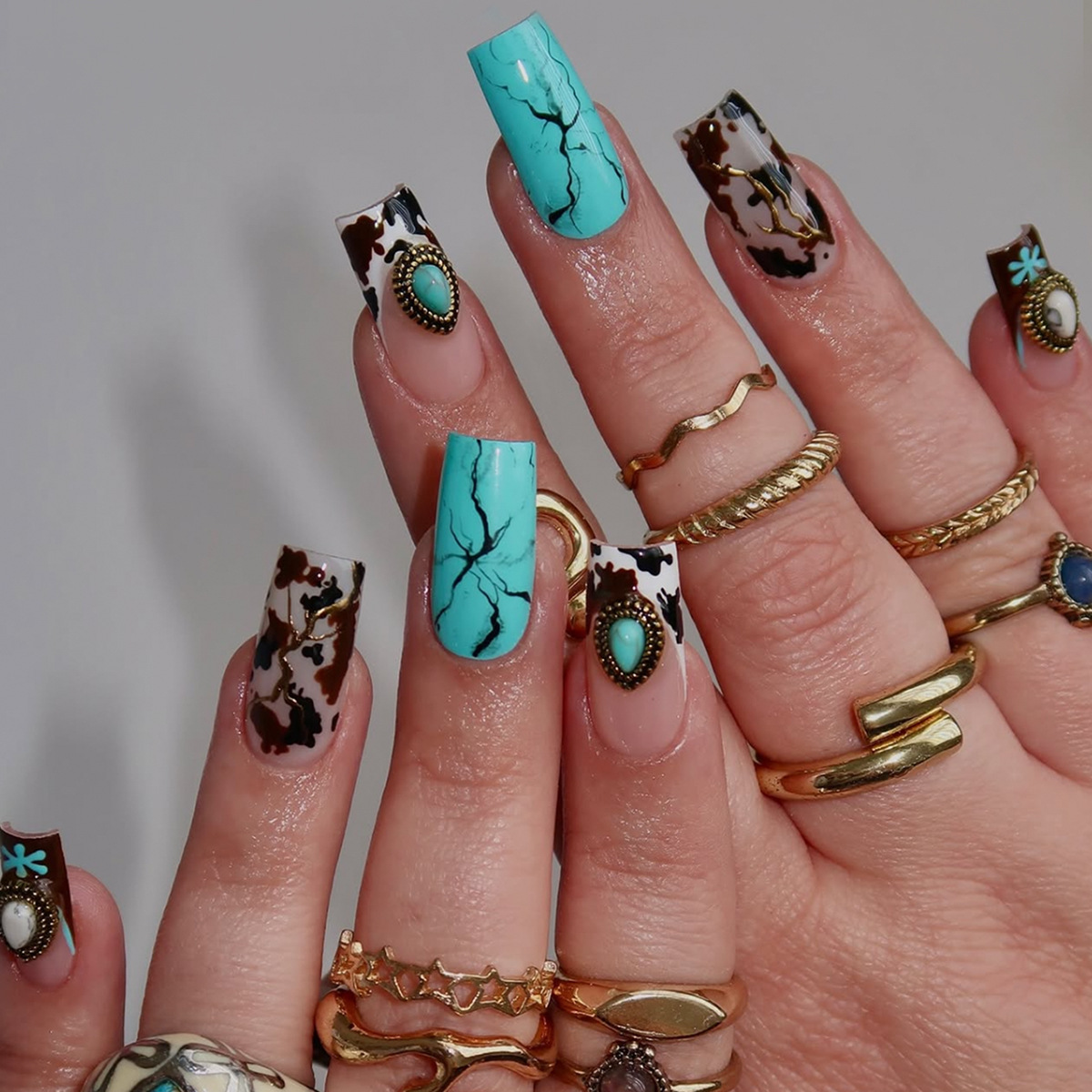 TEMU 48pcs Handmade Turquoise Marble Nail Extensions With French Tips & 3d Gemstones - Brown Gradient Suitable For Women & Nail Technicians, Reusable