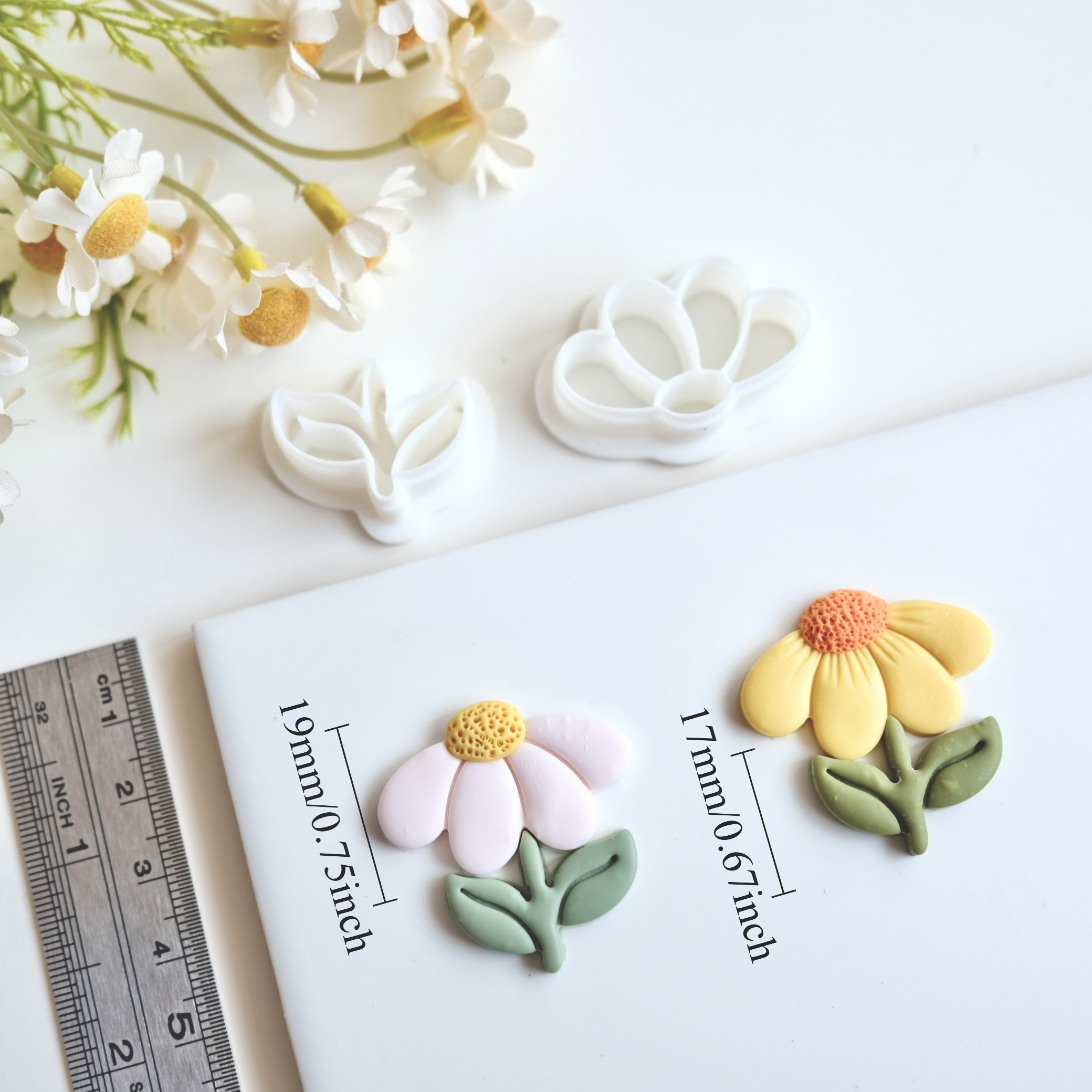Set Of 2 Polymer Clay Cutters Shaped Flowers And Stems, Designed For Embossing Floral Patterns For Pendants, Necklaces, And Handmade Jewelry. For Stamping Minimalist Clay Designs