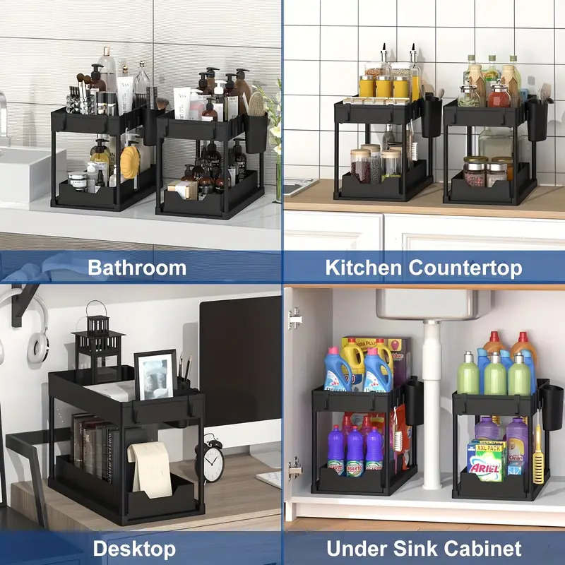 2-Tier Large-Capacity Pull-Out Storage Organizer - Durable Plastic Space-Saving Design with Easy-Access Drawers for Kitchen, Bathroom & Home Organization - Multi-Compartment Storage for Cleaning Supplies, Toiletries, Cosmetics - Modern Home Organization Solution, Bathroom Organizers And Storage, Sleek Design, Sturdy Construction, Pullout Organizers