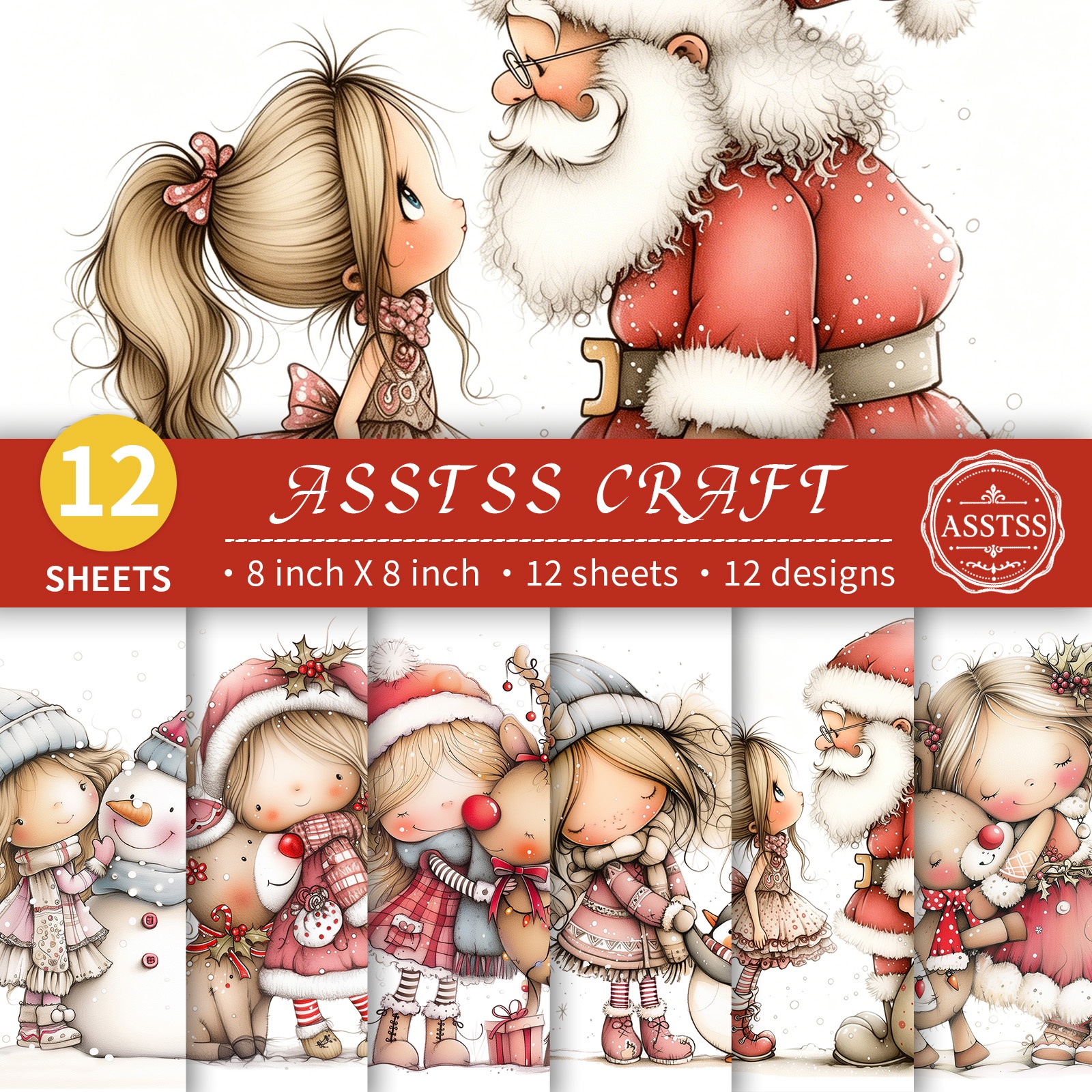 TEMU Lot de 12 feuilles de papier scrapbooking ASSTSS de 8X8 pouces, papier de base style Noël avec des fantaisistes, des et des bonhommes de neige,