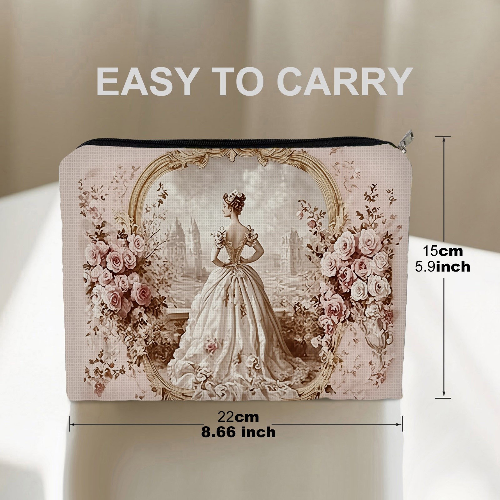 TEMU Vintage Romantic Fairytale Lady Print Double Sided Makeup Bag, Soft Polyester Cosmetic Pouch In Size 5.9in*8.66in, Portable Stylish Storage