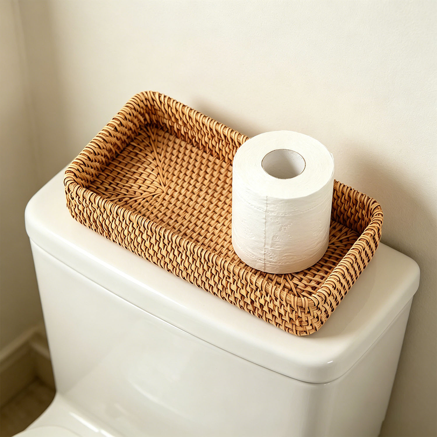 2 Hand-Woven Rattan Bathroom Storage Trays, Multi-Functional Entryway Tabletop Key and Sundries Decorative Tray, Toilet Tank Decorative Basket for Storing Keys, Vanity Items, Candles, Ornaments, Perfume, and Long Hand Towels, Exquisite Home Storage
