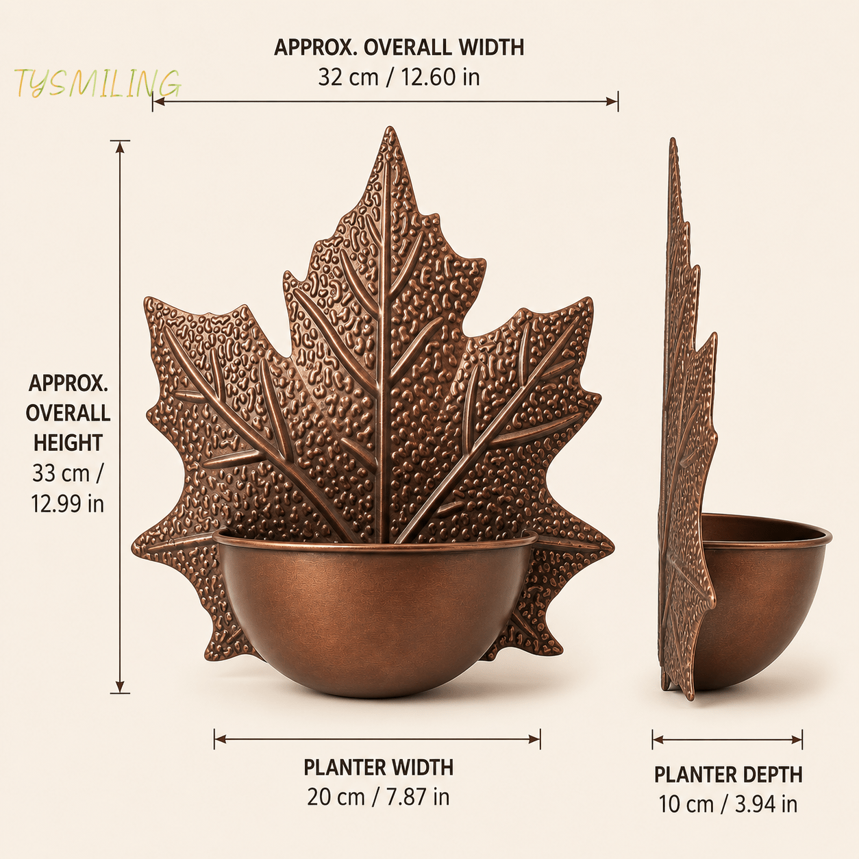 Image of Autumn Maple Leaf Metal Wall Planter Hanging Flower Pot, Copper End Decorative Iron Planter With Leaf Texture, Wall Mounted Half Round Bowl For Home Garden Decor