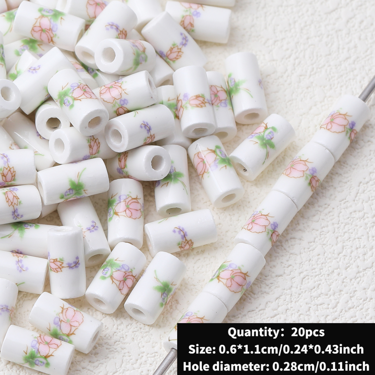 Cute Ceramic Decal Cylindrical Beads, 20pcs Set for DIY