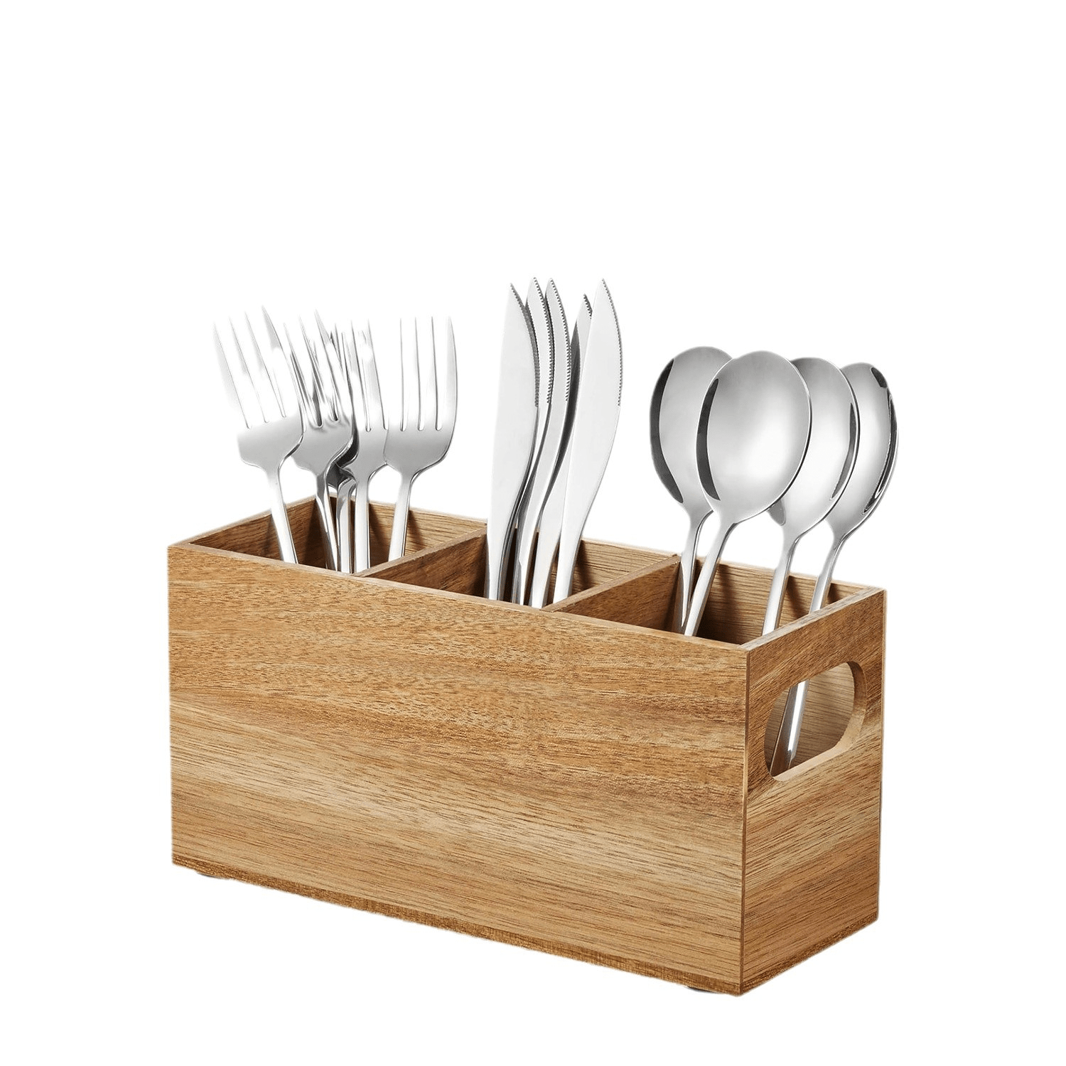Wood Utensil Holder For Kitchen Counter 3 Compartment Large Cutlery Holder Caddy Organizer For Silverware Spatula
