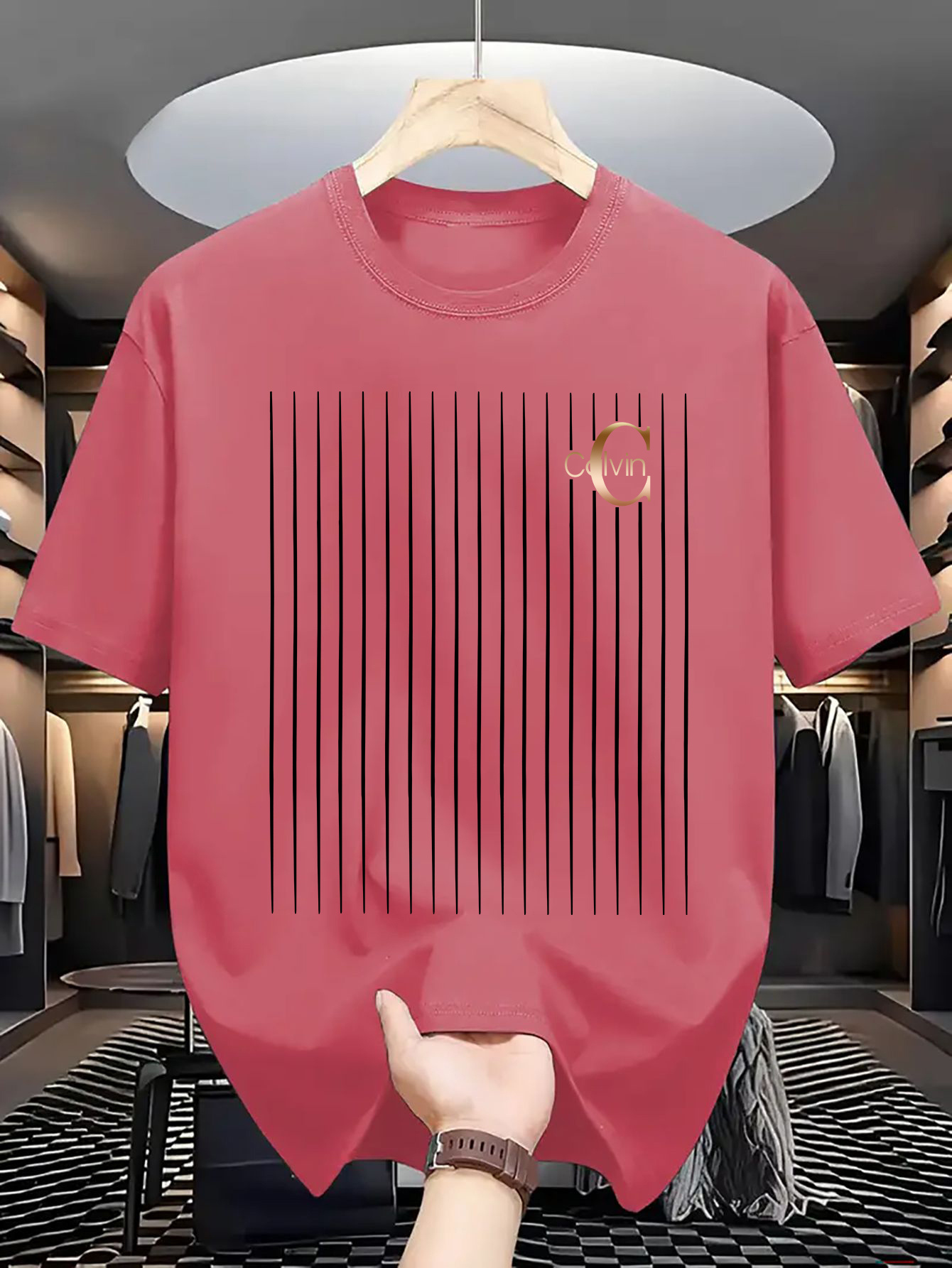 Men's casual and fashionable minimalist lines - C-Calvin printed T-shirt, round neck comfortable polyester fabric, suitable for daily wear as fashionable streetwear, Men's clothing