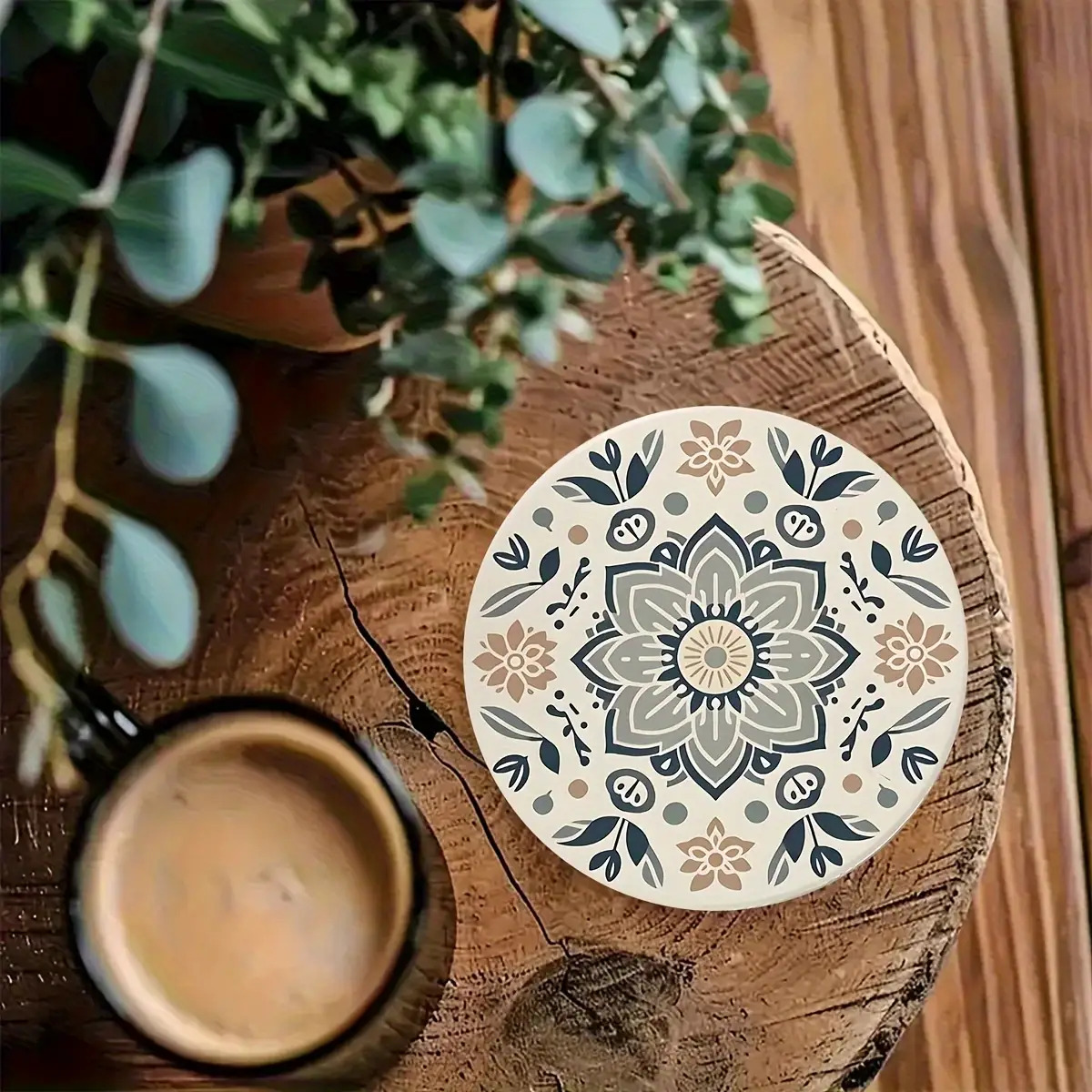 TEMU 6pcs Bohemian Cork Coasters - Hand Washable Wooden Mandala , Beige And Navy Blue Home Decor, Party Favors, Valentine's Day Mother's Day Gifts,