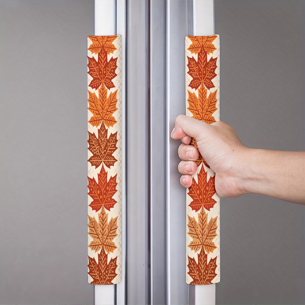 TEMU 2pcs 2d Flat Refrigerator Door Handle Gloves, Orange And Yellow Autumn Leaf Pattern Refrigerator Handle Cover, Suitable For Refrigerators,