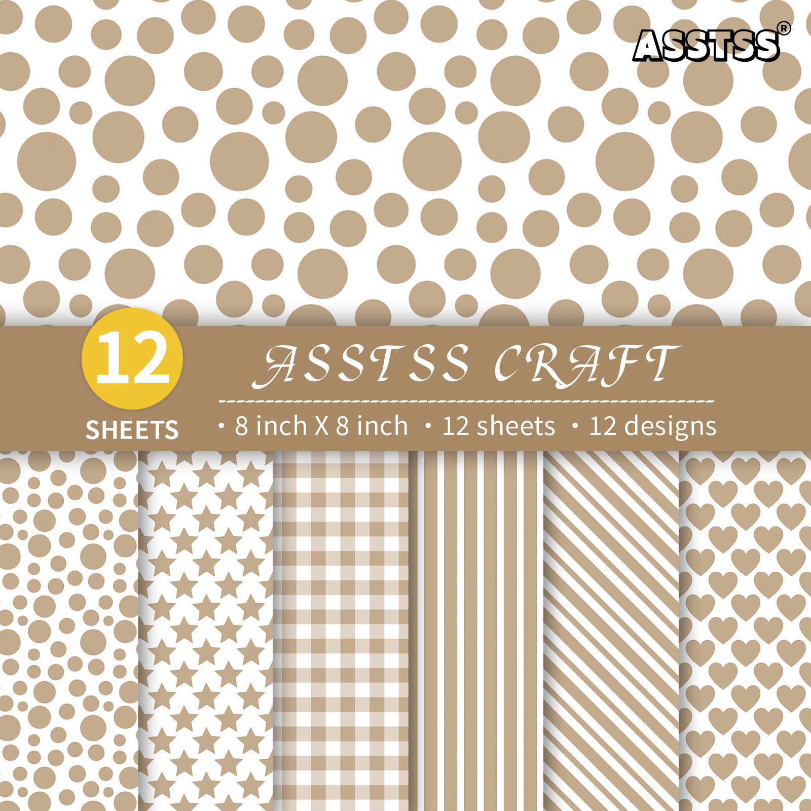 TEMU Lot de 12 feuilles de papier scrapbooking ASSTSS 8*8 pouces, couleur thé , géométrique, style rétro bohème marron, papier de base, papier