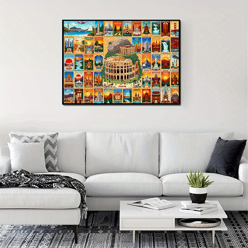 500/1000pcs Vintage World Landmarks Map Jigsaw Puzzle, Interactive Game