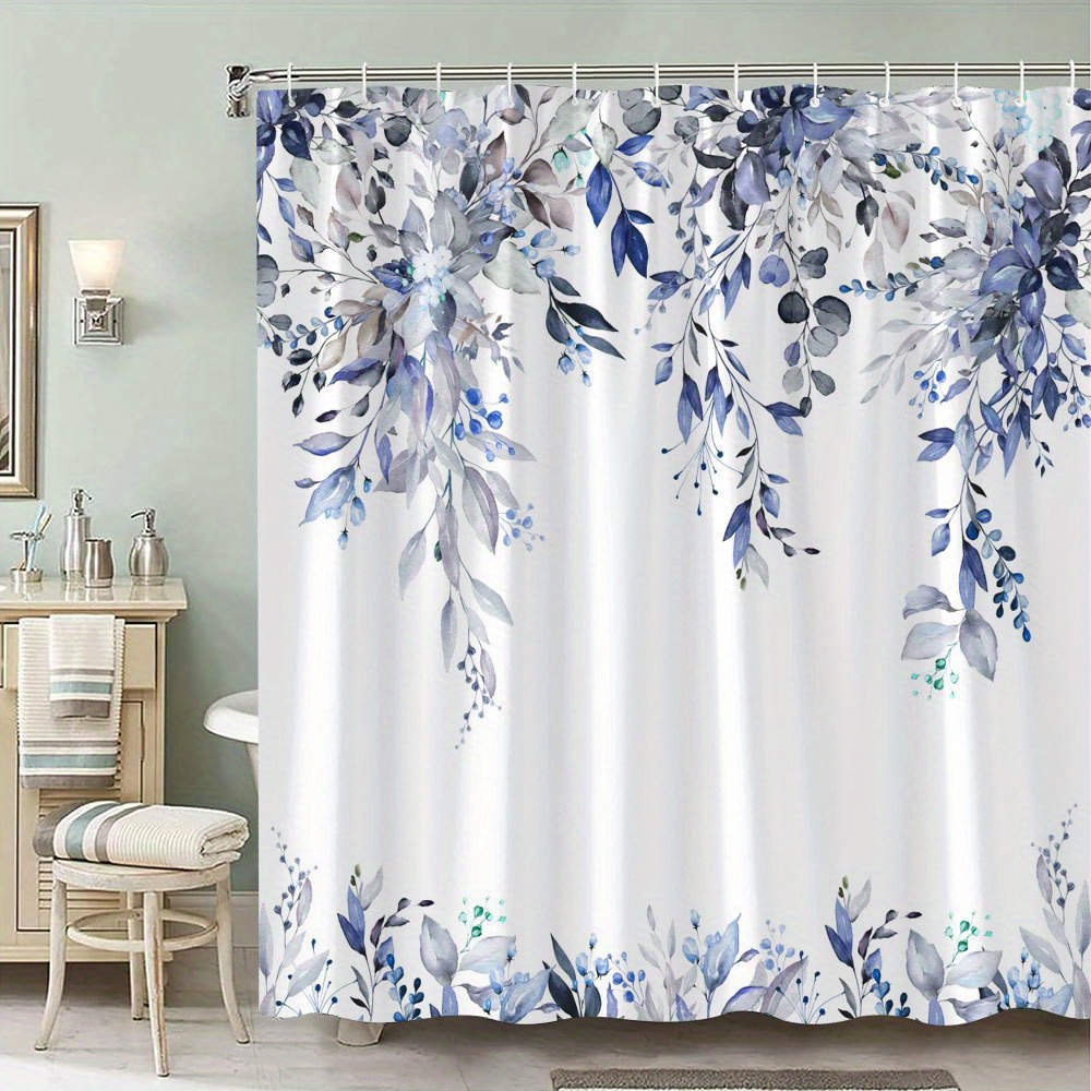 TEMU 1 rideau de douche à bordure florale bleu et blanc - Fleurs délicates style aquarelle & feuillage vert, design élégant et pour mariages ou